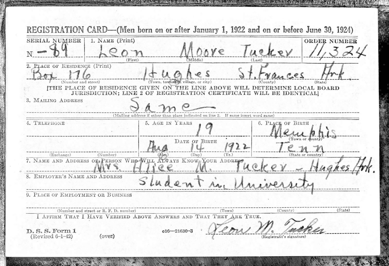 Leon Moore Tucker Draft Registration Card