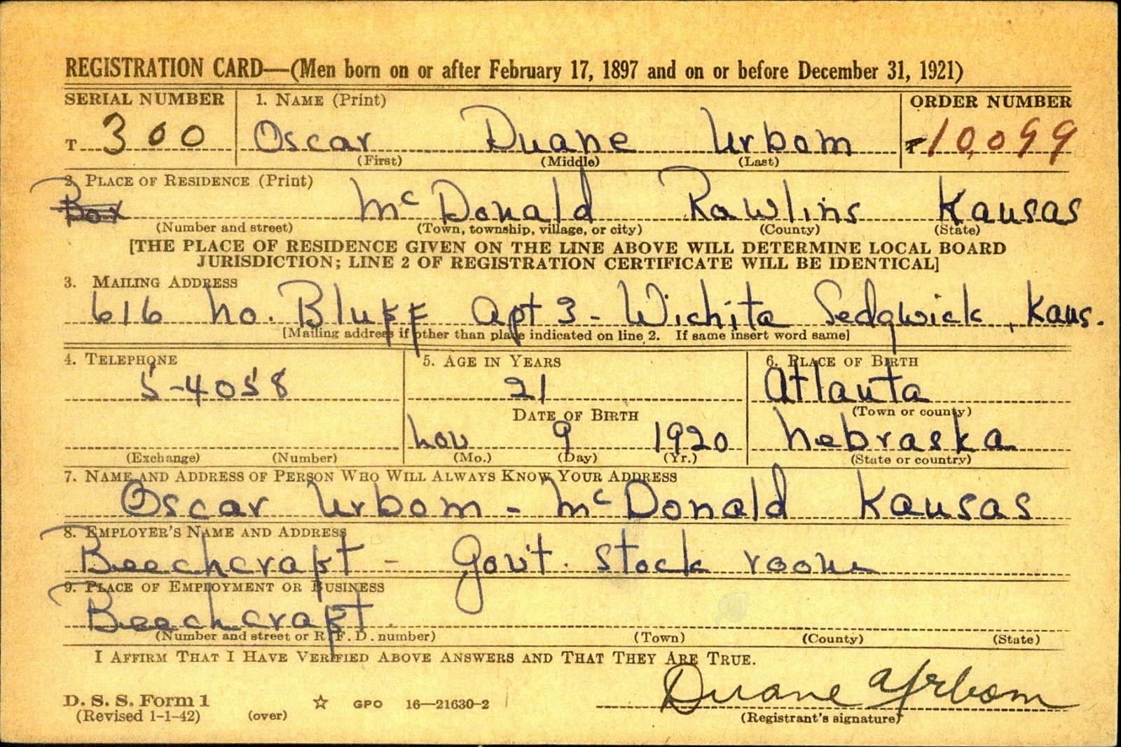 Oscar Duane Urbom Draft Registration Card