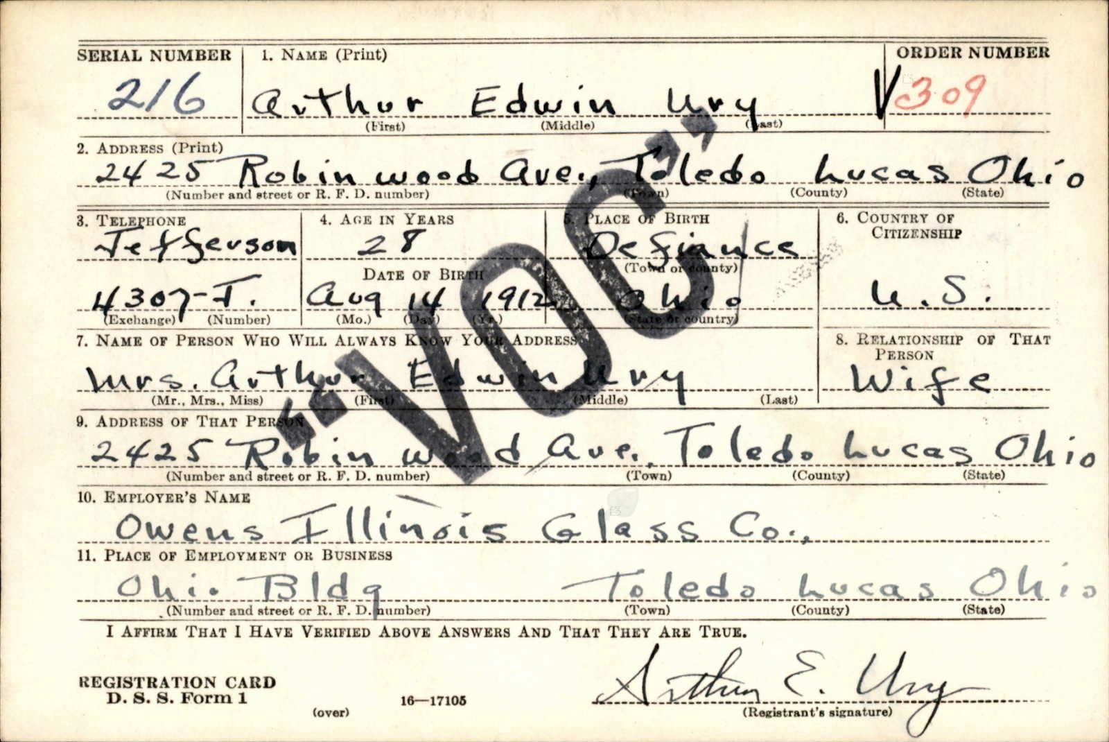 Arthur Edwin Ury Draft Registration Card