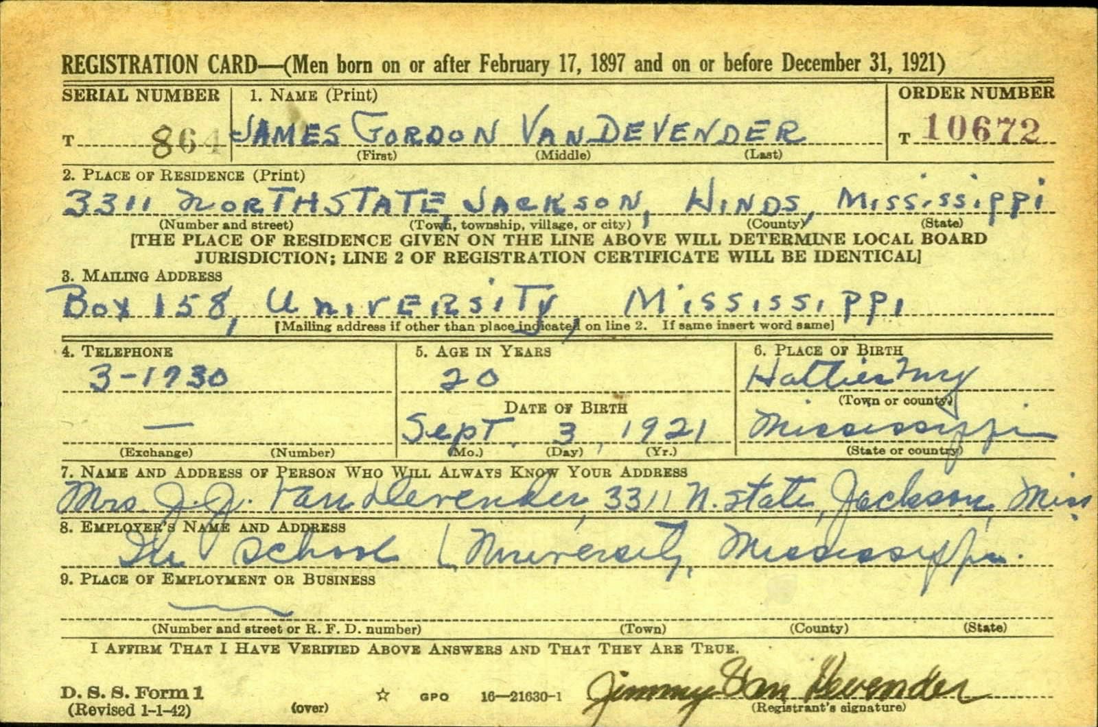 James Gordon Van Devender Draft Registration Card