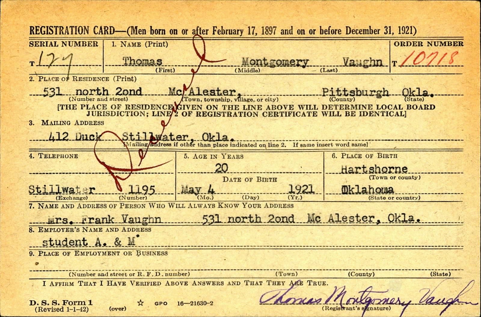 Thomas Montgomery Vaughn Draft Registration Card