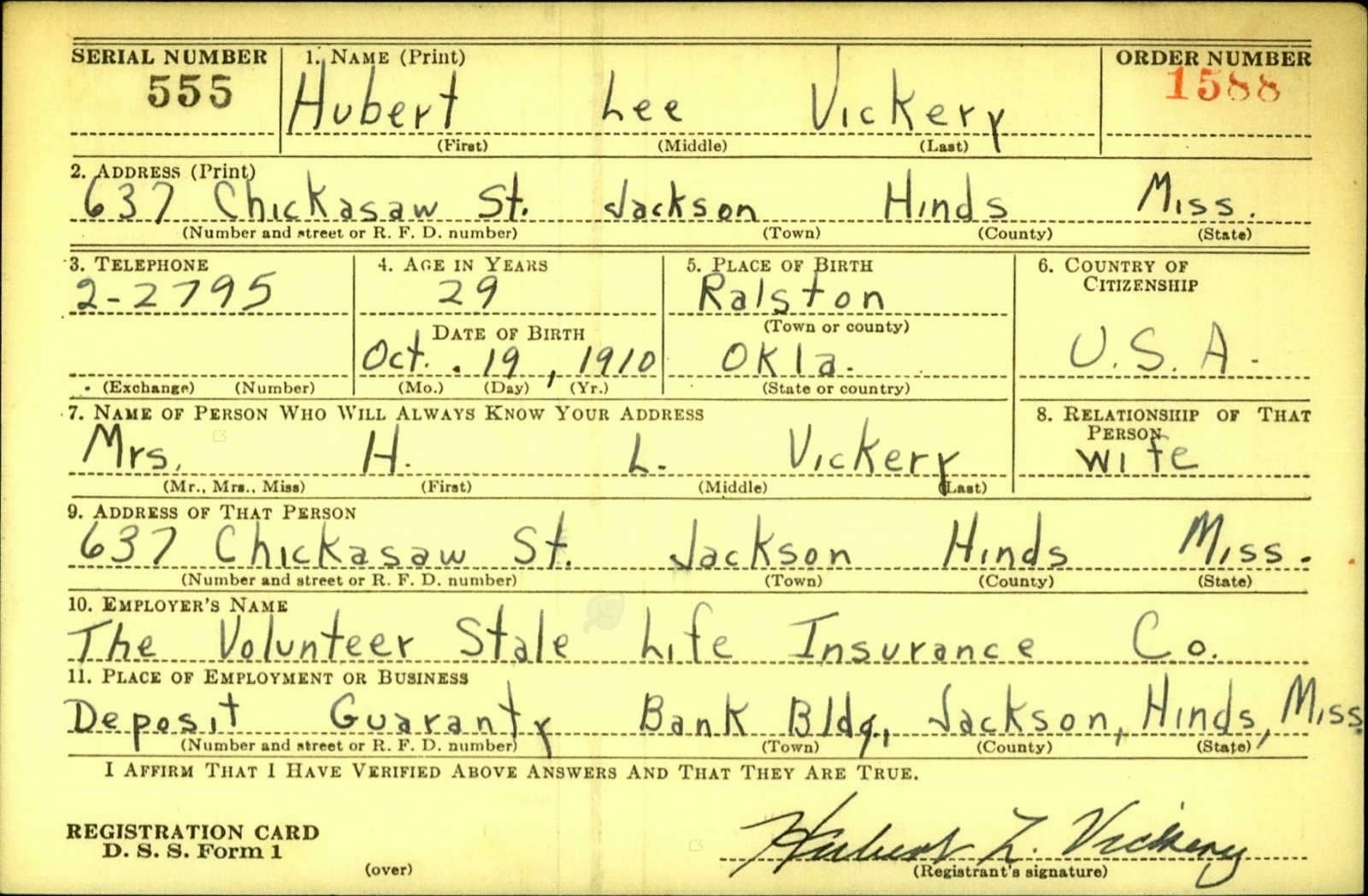 Hubert Lee Vickery Draft Registration Card