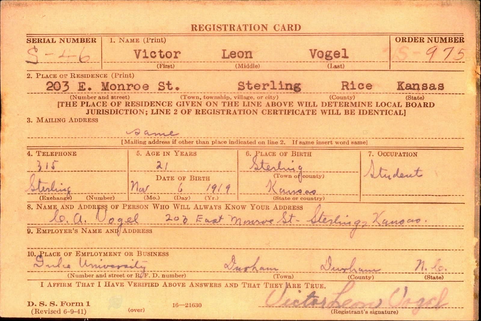 Victor Leon Vogel Draft Registration Card