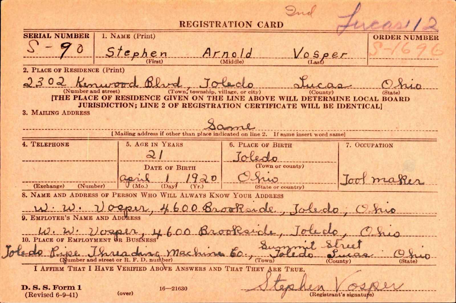 Stephen Arnold Vosper Draft Registration Card