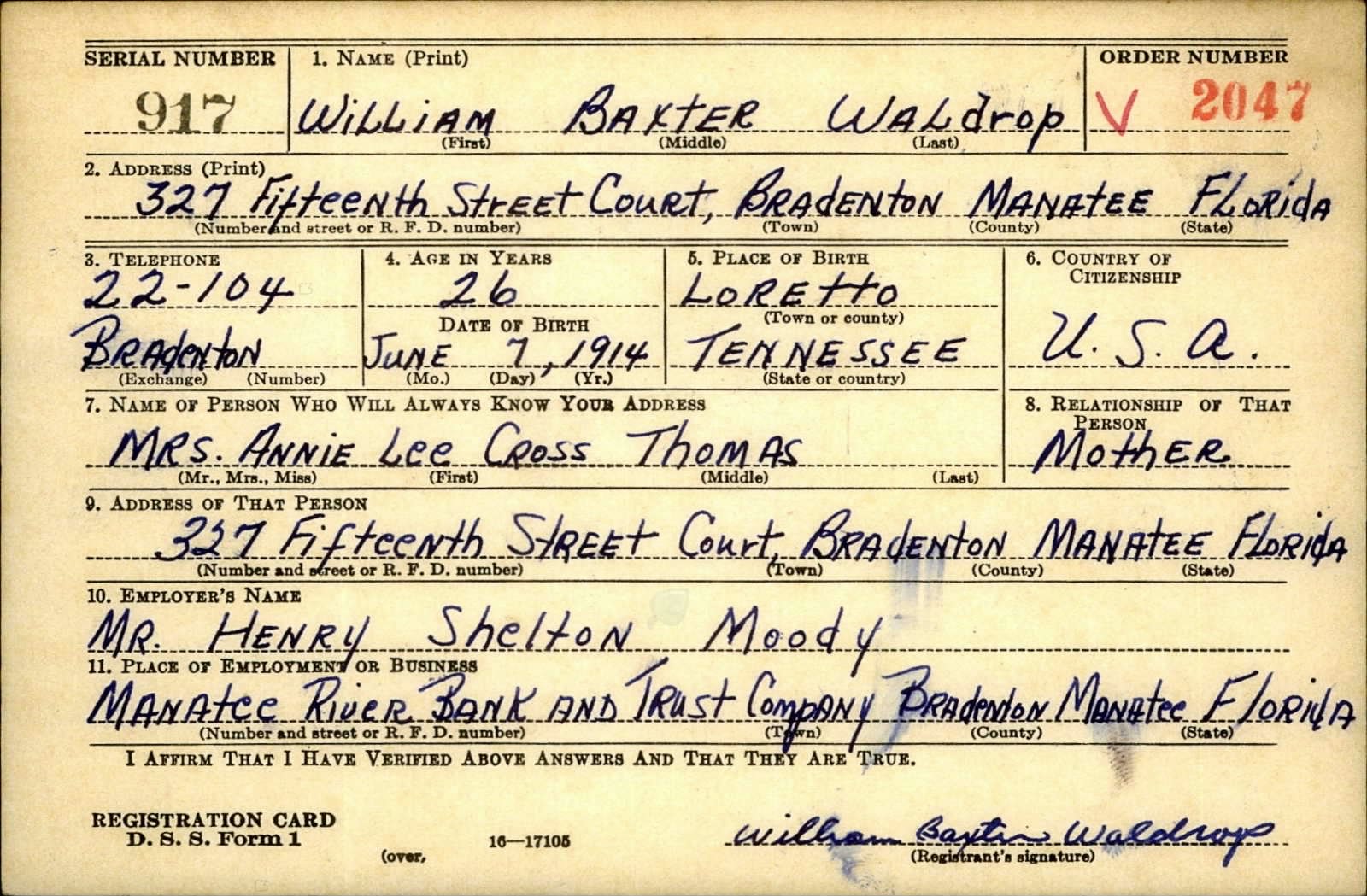 William Baxter Waldrop Draft Registration Card