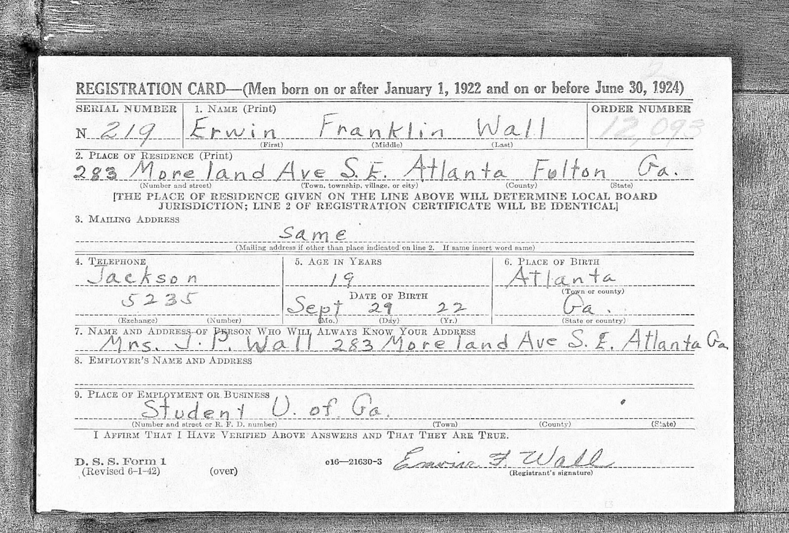 Erwin Franklin Wall Draft Registration Card