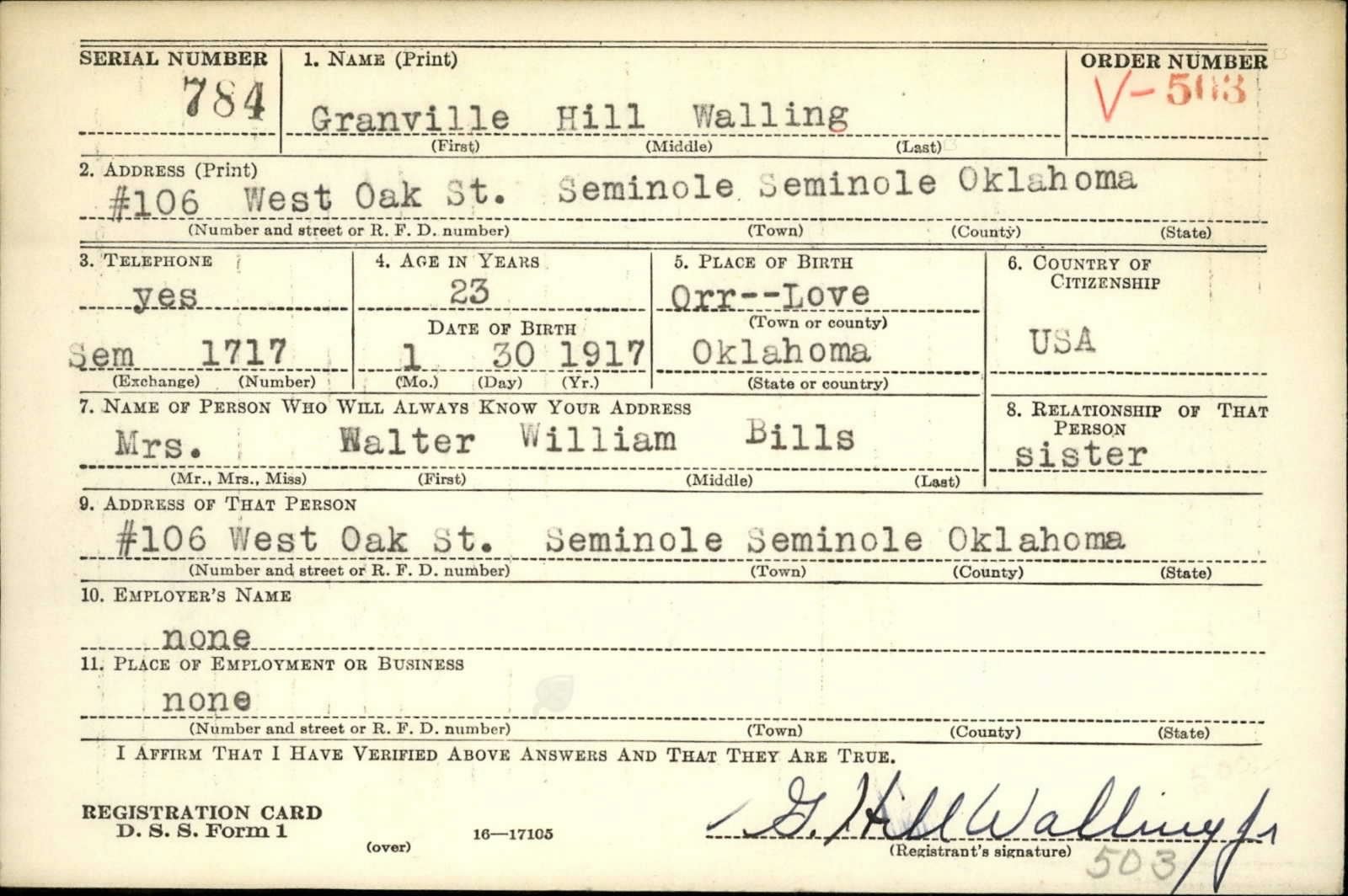 Granville Hill Walling Draft Registration Card