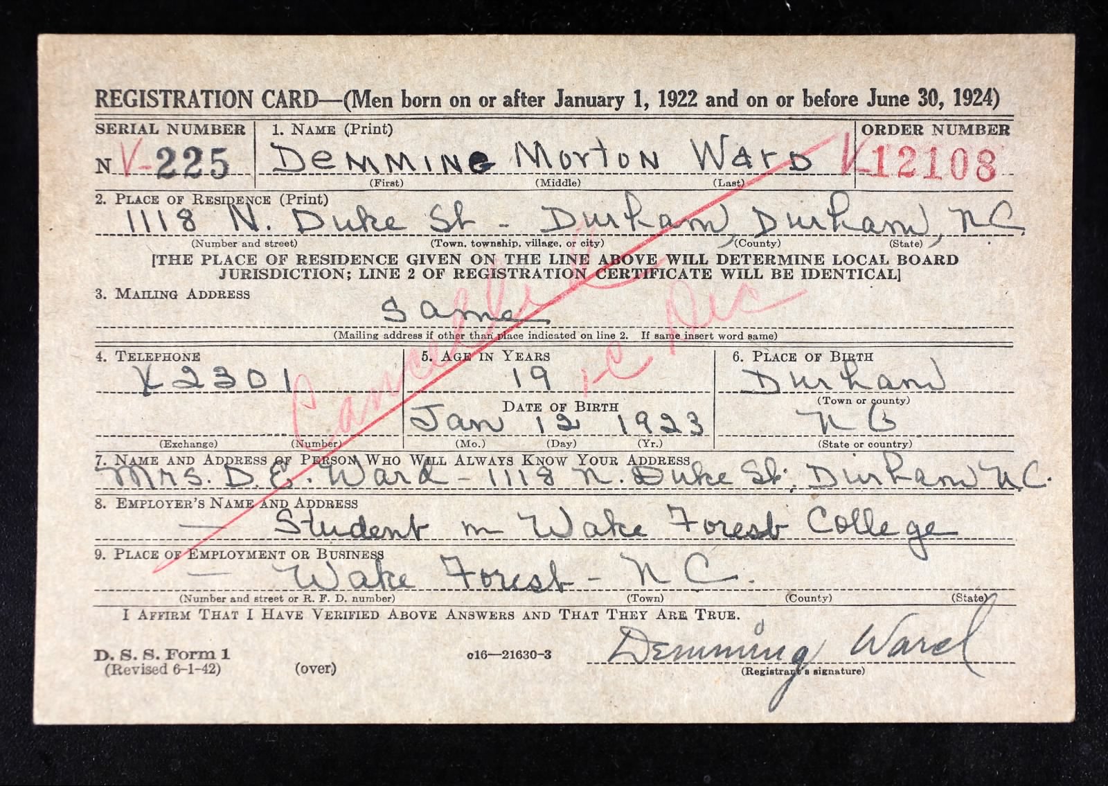 Demming Morton Ward Draft Registration Card