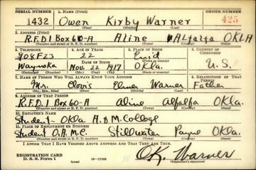 Owen Kirby Warner Draft Registration Card