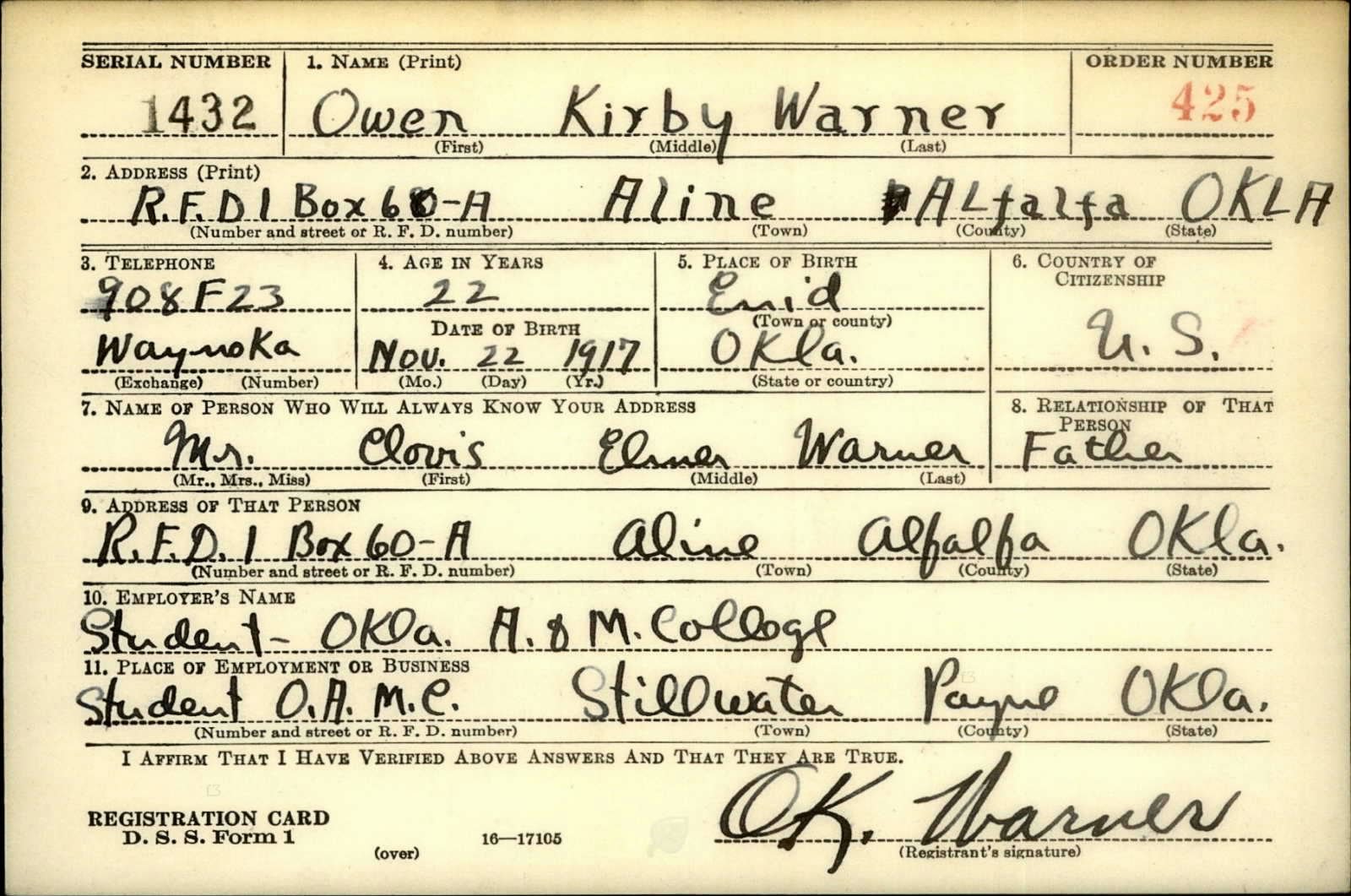 Owen Kirby Warner Draft Registration Card