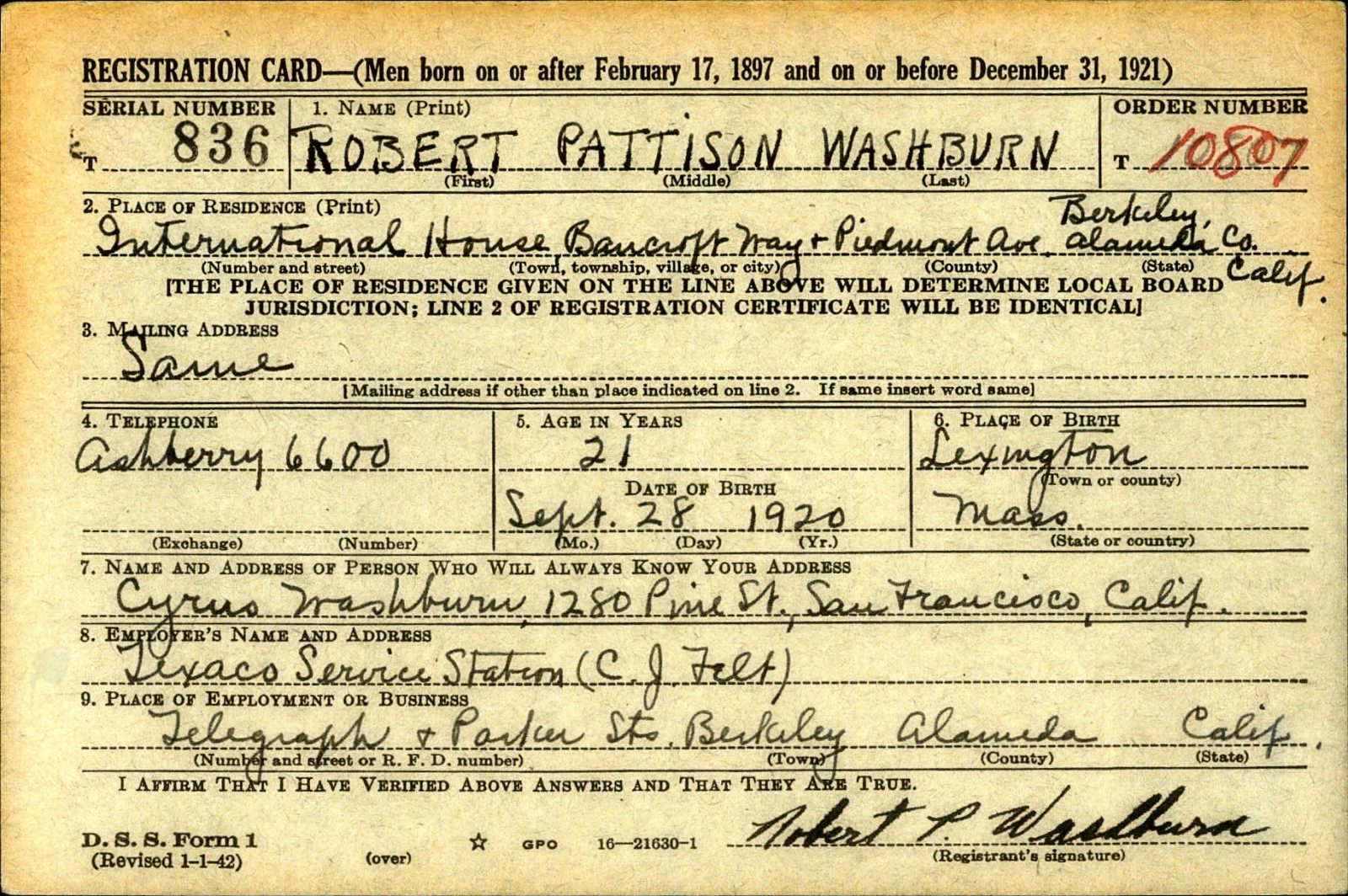 Robert Pattison Washburn Draft Registration Card