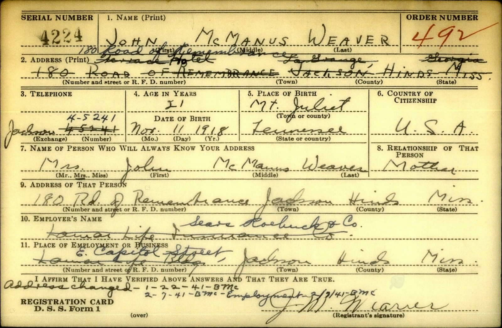 John McManus Weaver Jr. Draft Registration Card