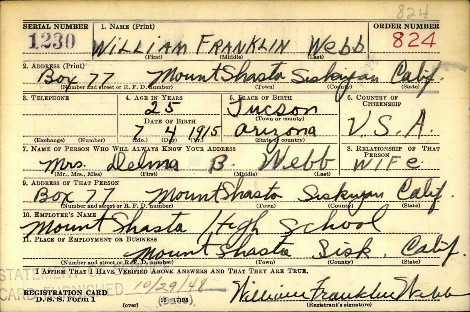 William Franklin Webb Jr. Draft Registration Card