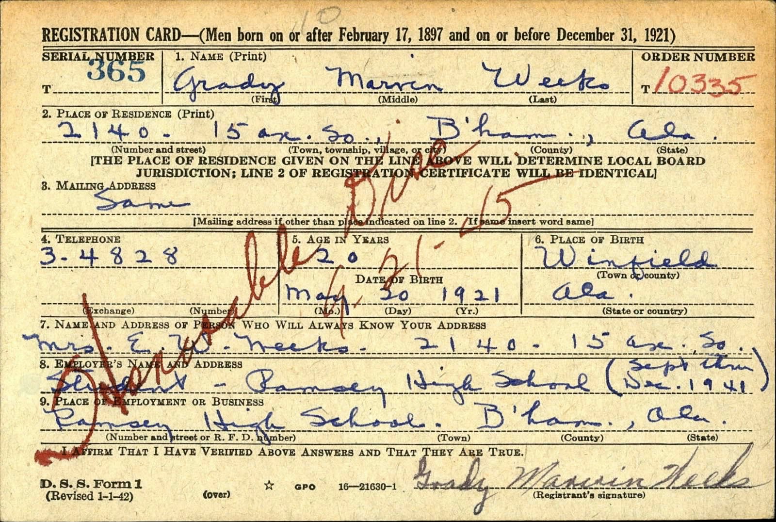 Grady Marvin Weeks Draft Registration Card