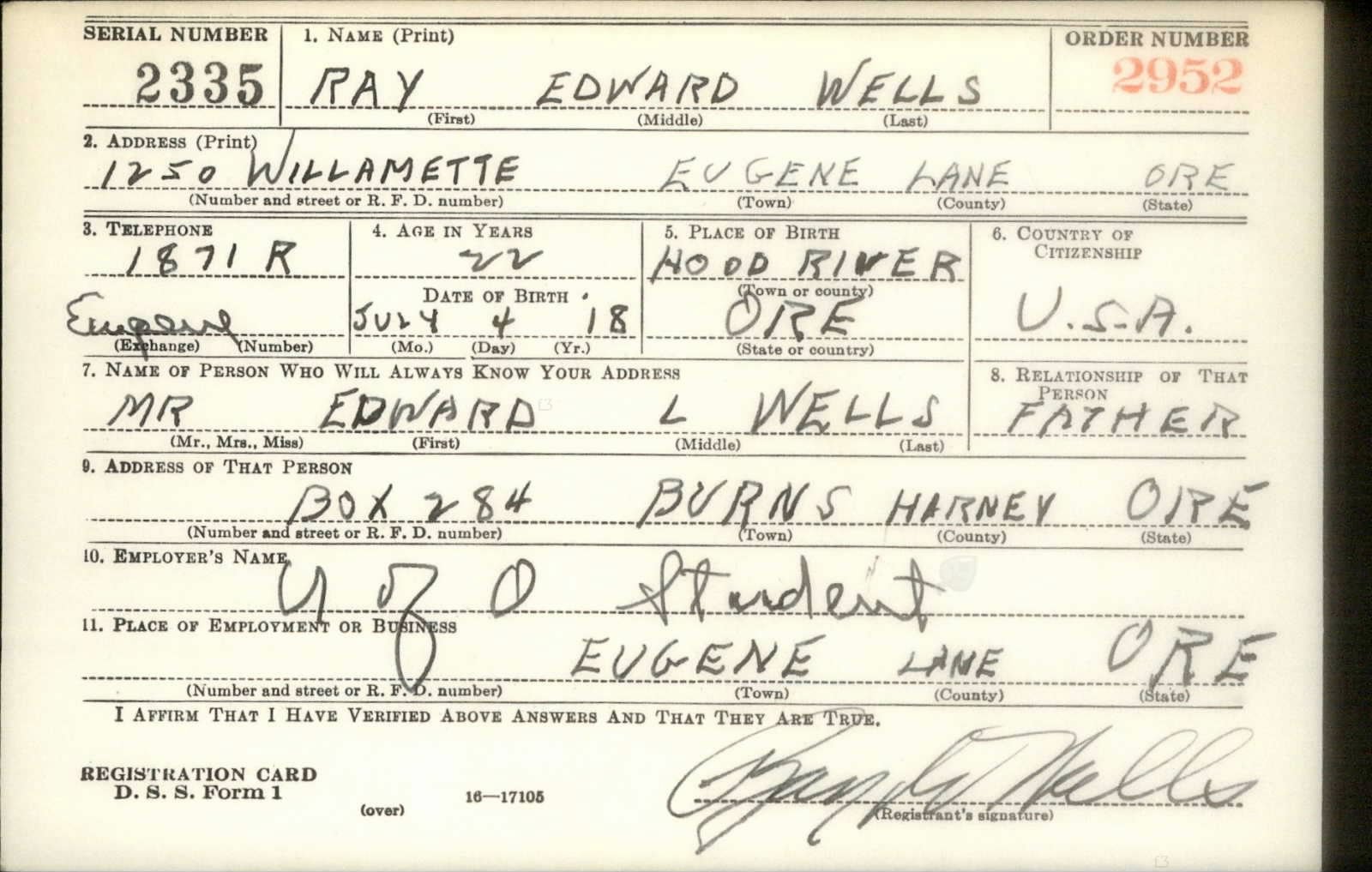 Ray Edward Wells Draft Registration Card