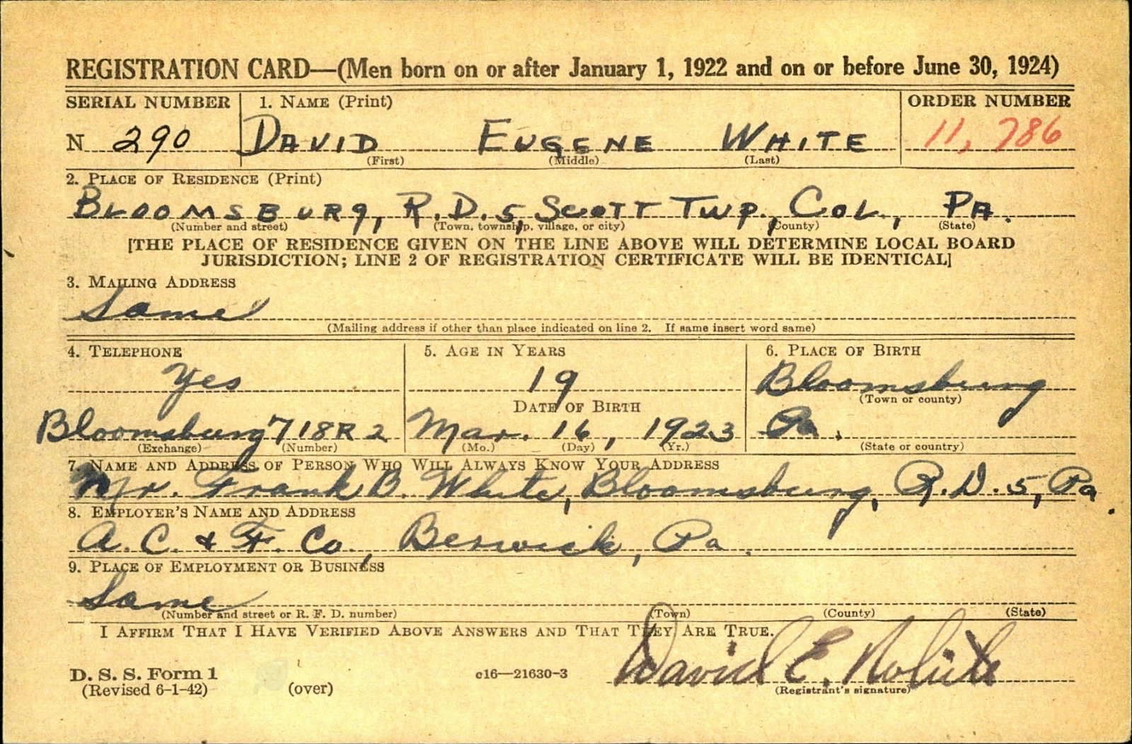 David Eugene White Draft Registration Card