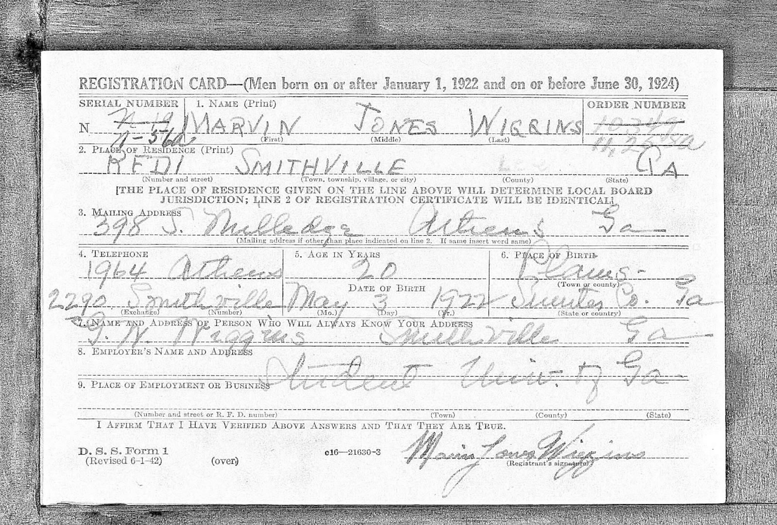 Marvin Jones Wiggins Draft Registration Card