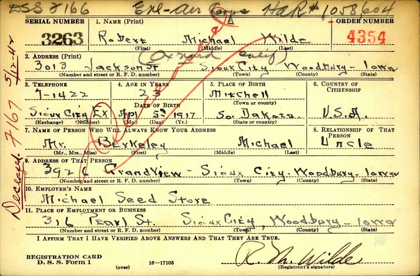 Robert Michael Wilde Draft Registration Card