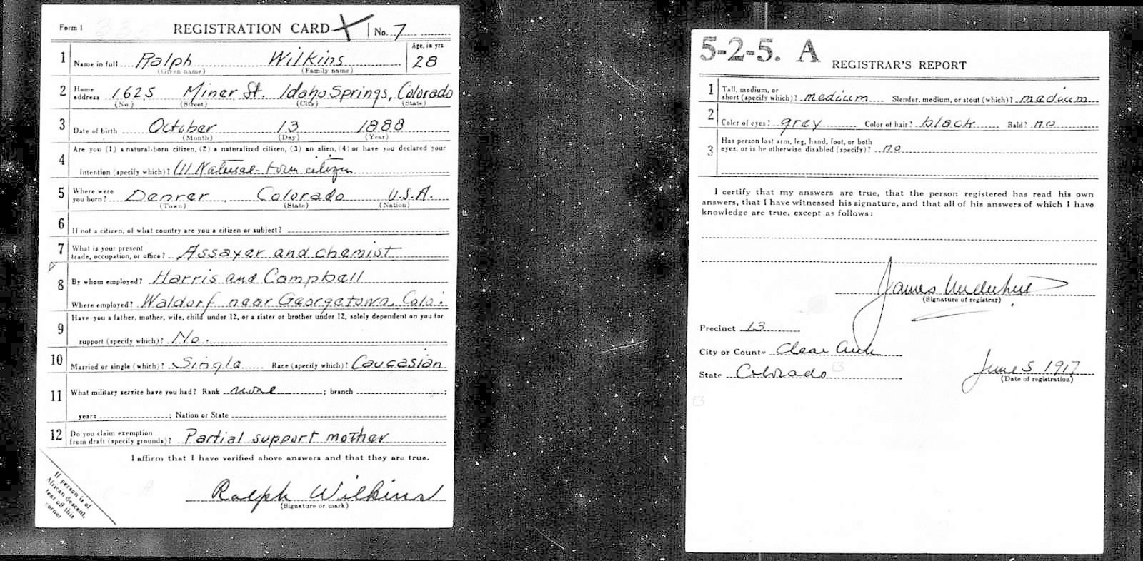 Ralph Edward Triscuit Wilkins Draft Registration Card