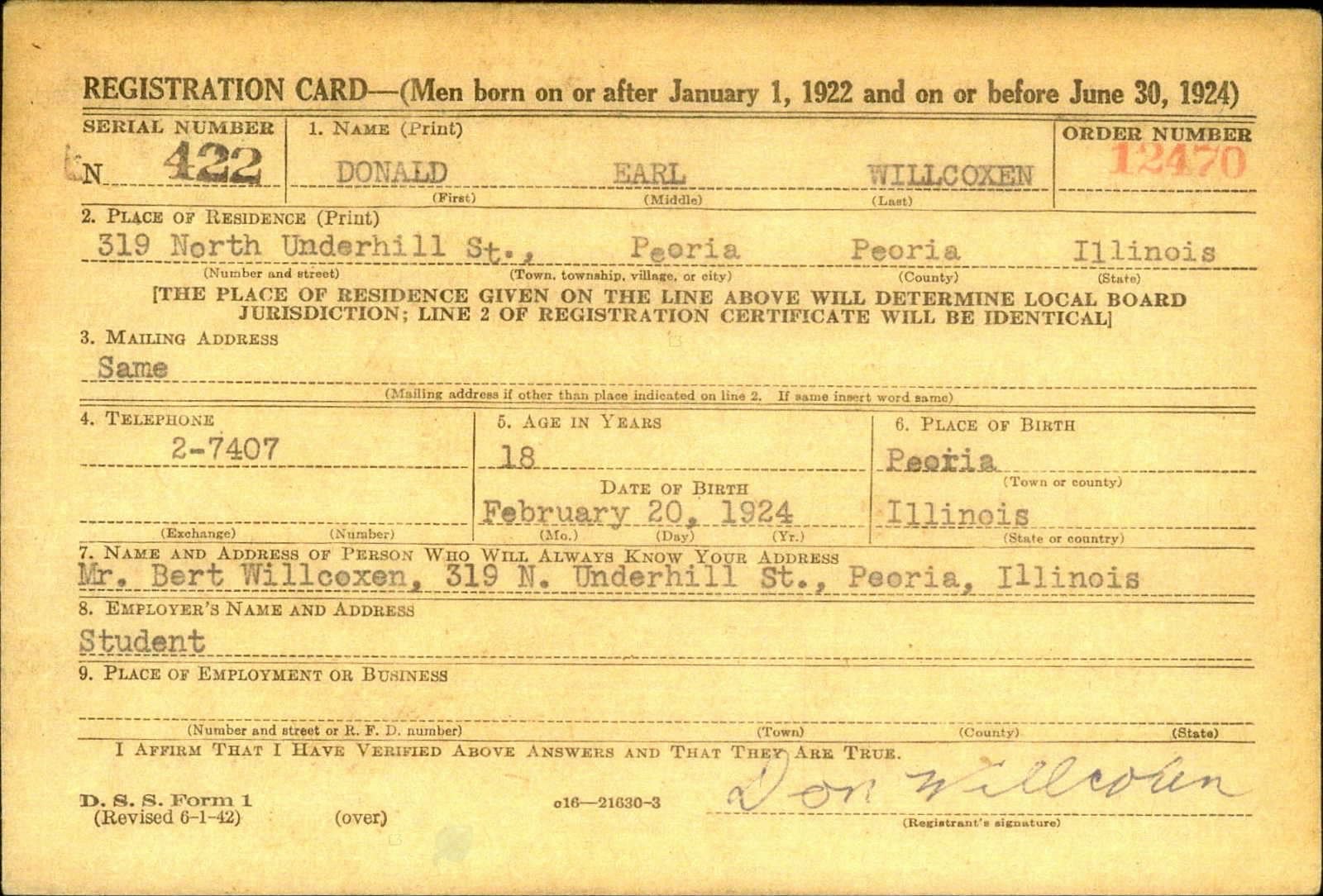 Donald Carl Willcoxen Draft Registration Card
