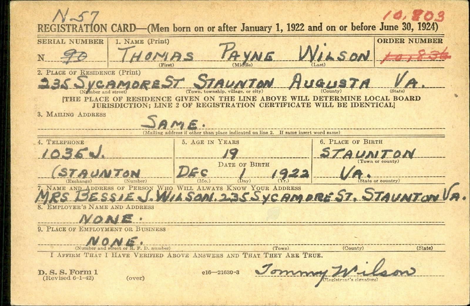 Thomas Payne Wilson Draft Registration Card