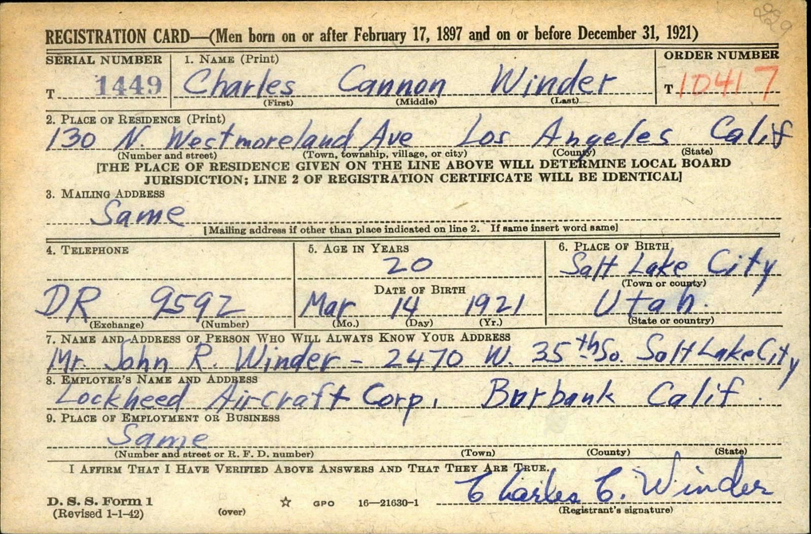 Charles Cannon Winder Draft Registration Card