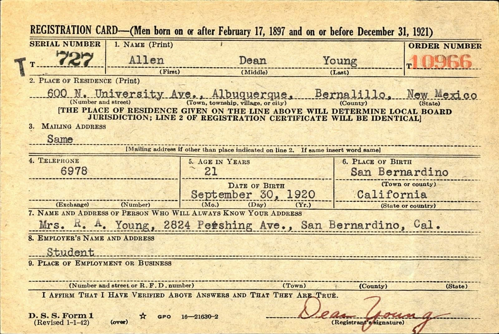 Allen Dean Young Draft Registration Card