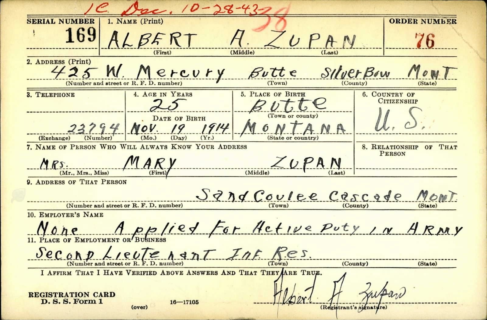 Albert A. Zupan Draft Registration Card