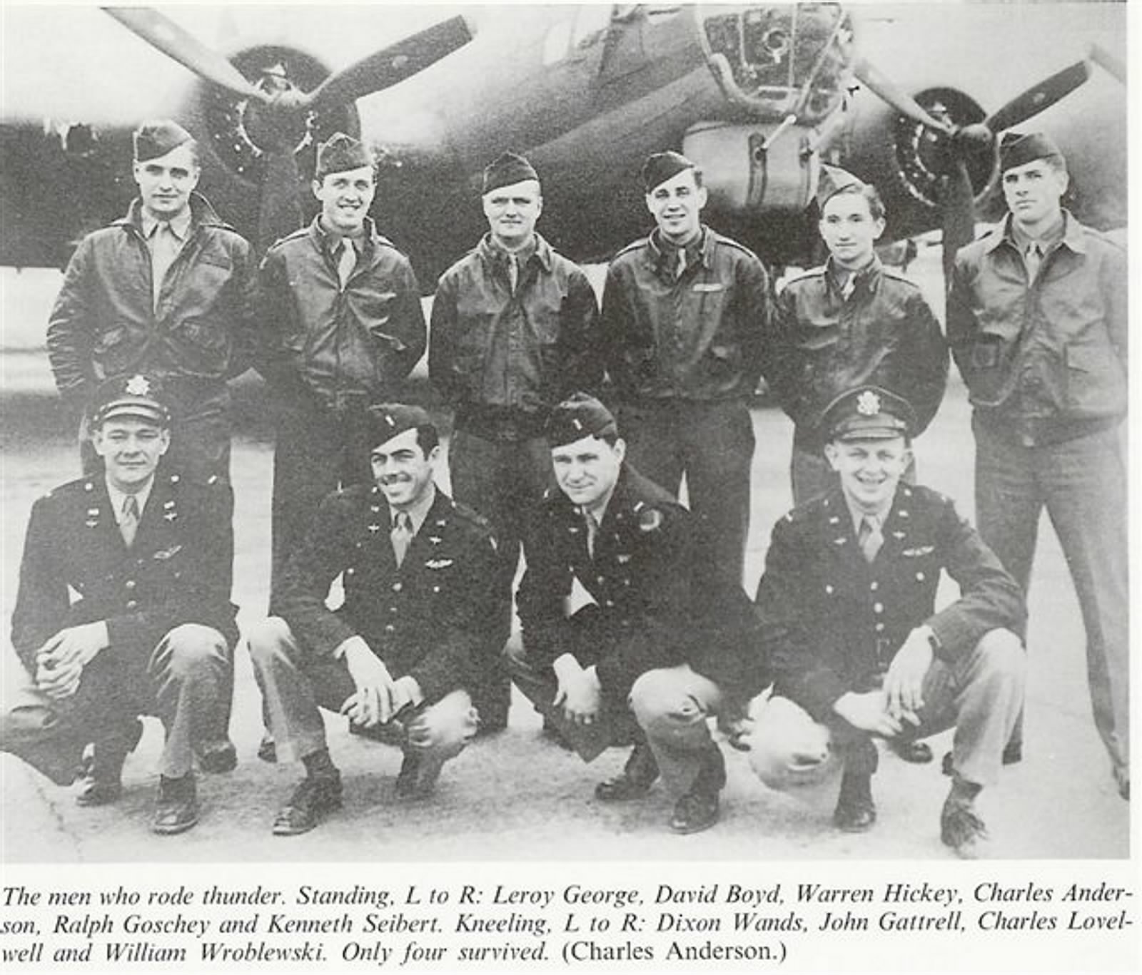 Crew of the B-17 Flying Fortress #42-39971 "Little Chum"<br />Kneeling, L to R:&nbsp; Dixson Wands (Kansas State, Alpha Omega '36), John Gattrell (West Virginia, Alpha Theta '33)