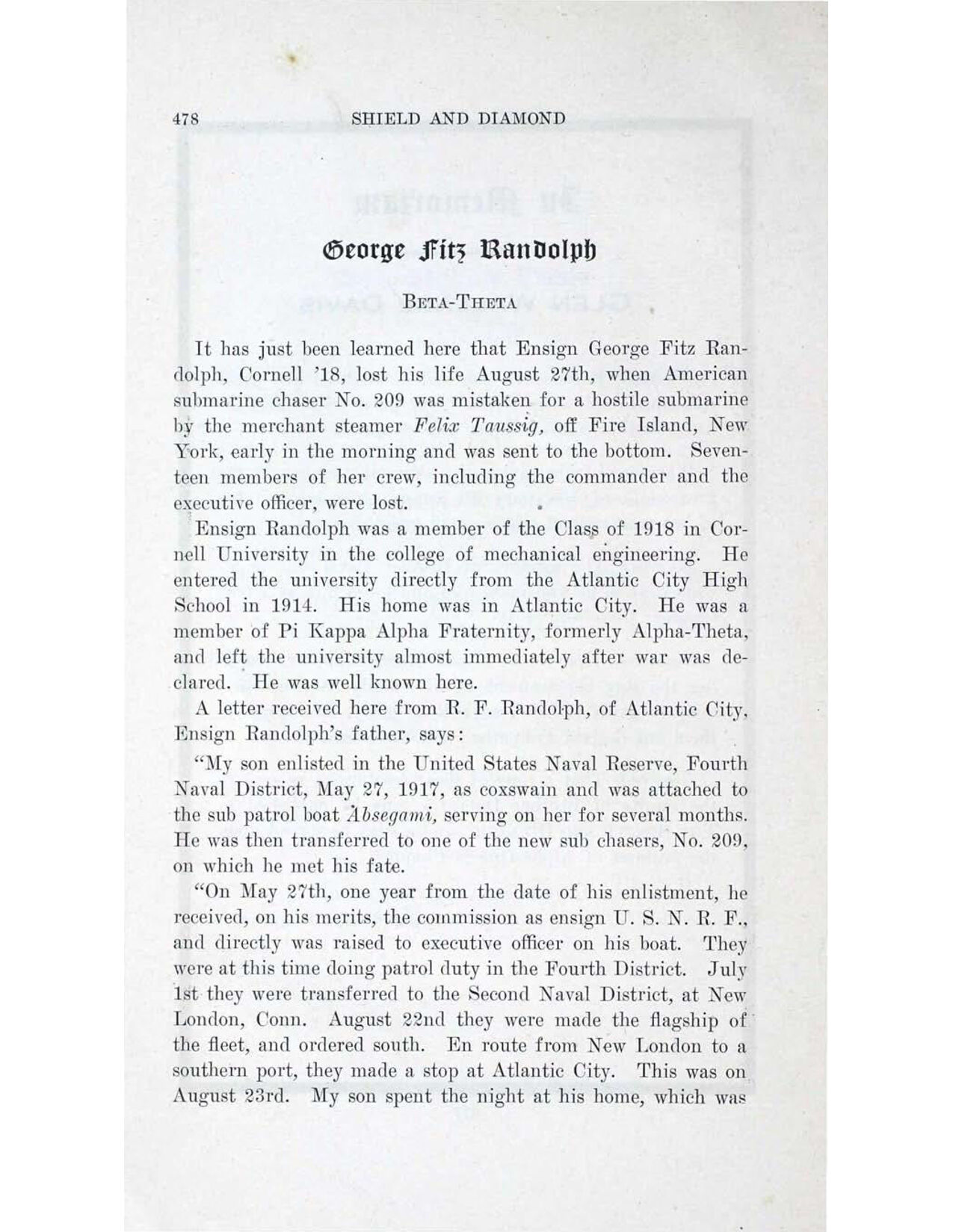 George Fitz Randolph, Beta Theta, Shield &amp; Diamond, April 1919