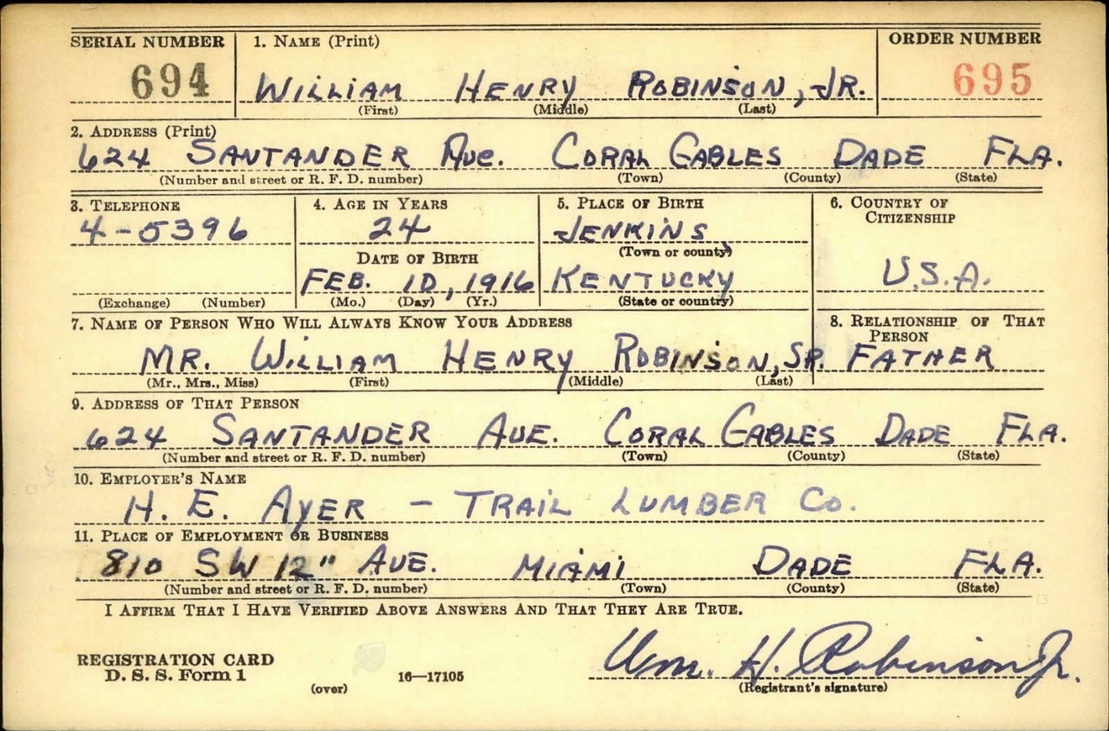 William Henry Robinson Draft Registration Card