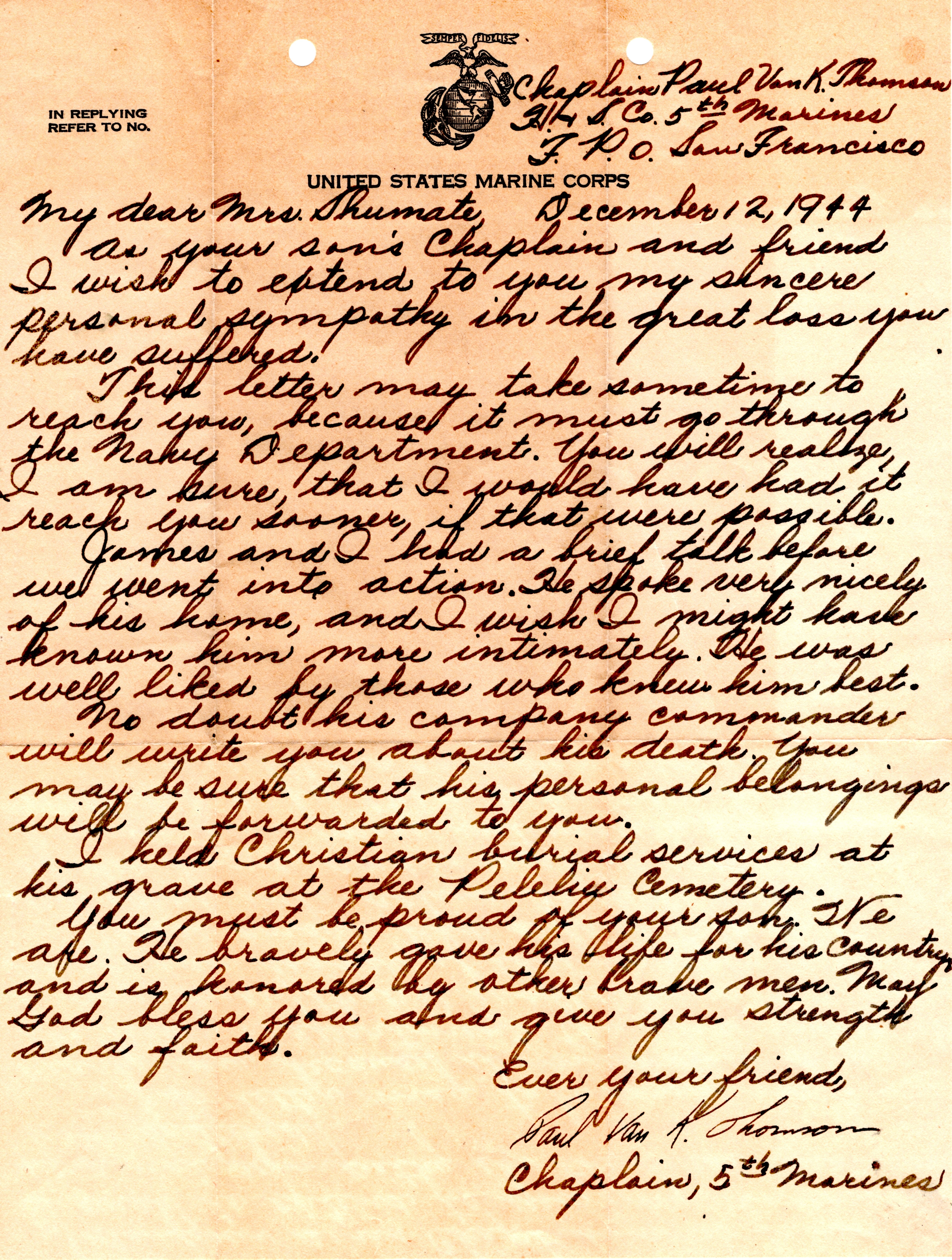 Letter from USMC Chaplain Thomson to Mrs. Shumate, December 12, 1944