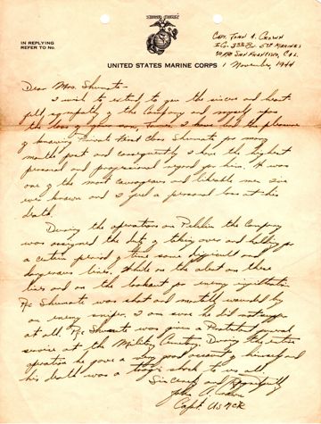 Letter from USMC Capt. John Crown to Mrs. Shumate, November 1, 1944