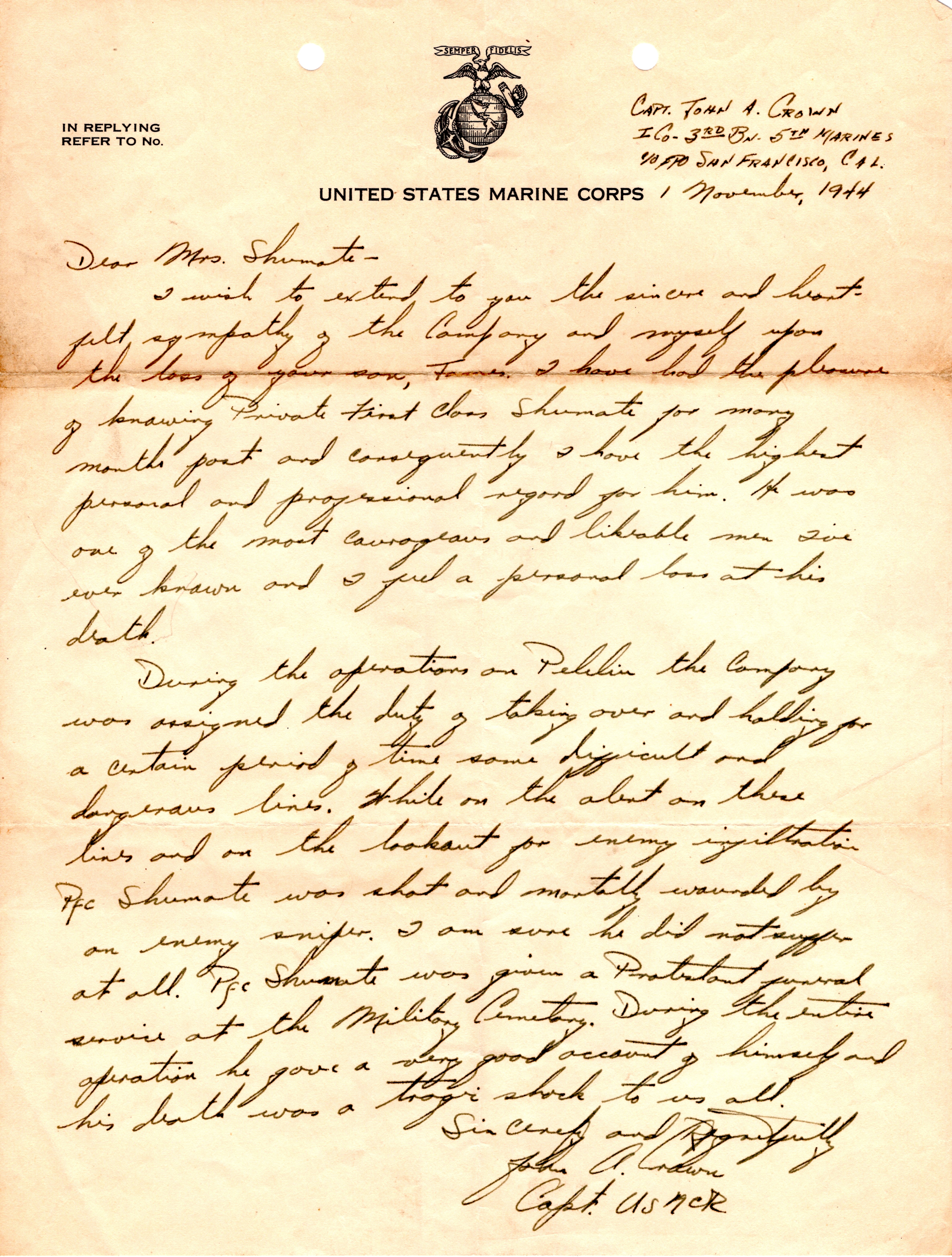 Letter from USMC Capt. John Crown to Mrs. Shumate, November 1, 1944