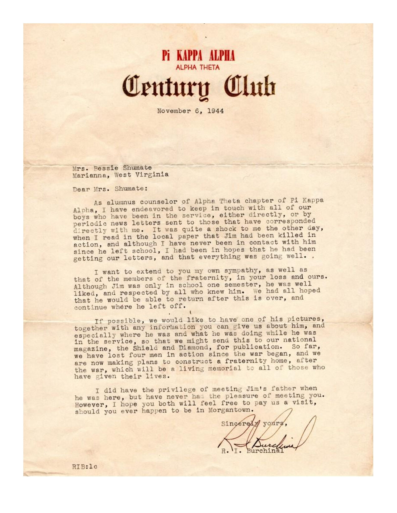 Letter from R. I. Burchinal to Mrs. Shumate, November 6, 1944