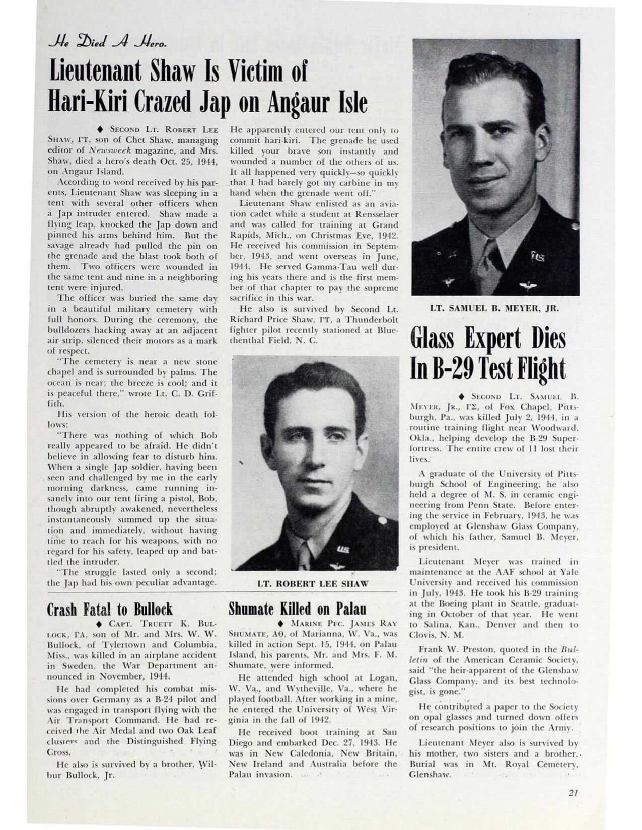 Shumate Killed on Palau, Shield &amp; Diamond, January 1945