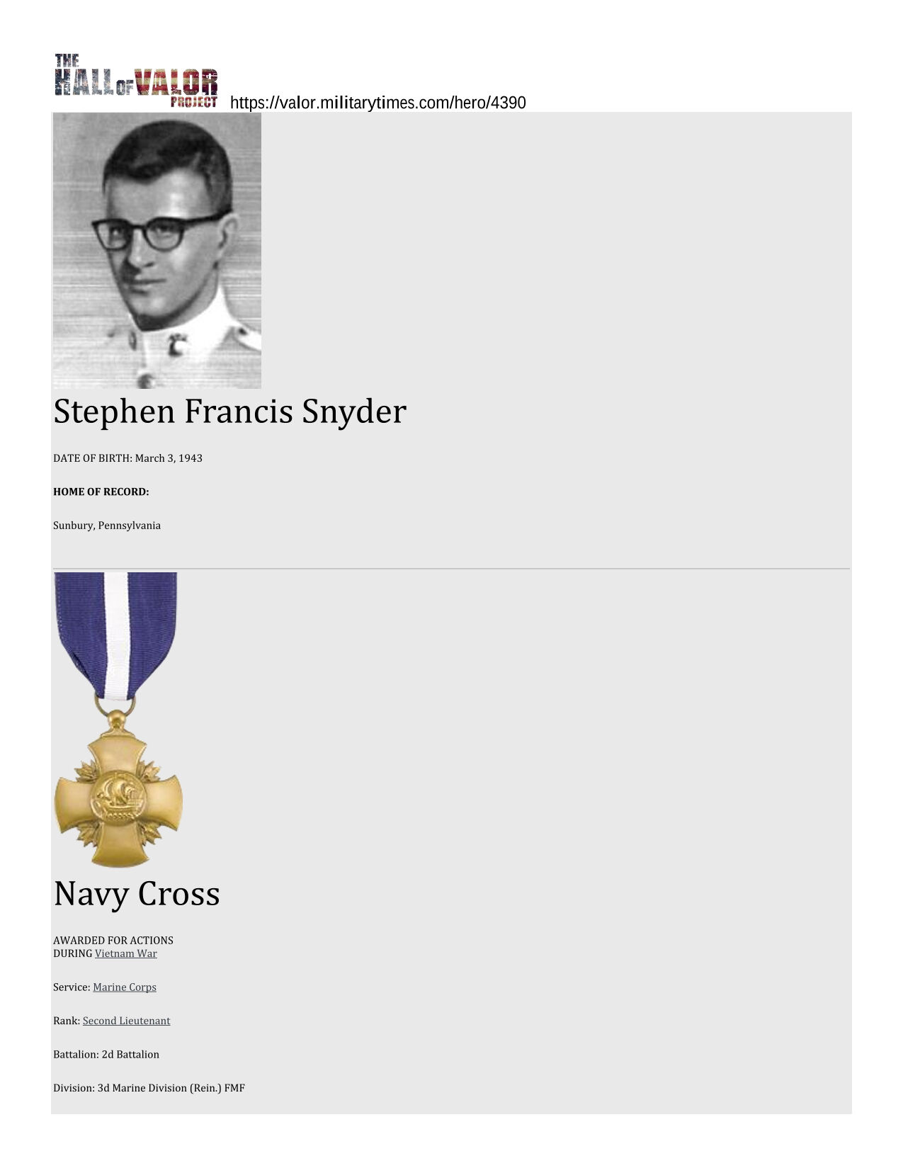 Stephen Francis Snyder Navy Cross Citation