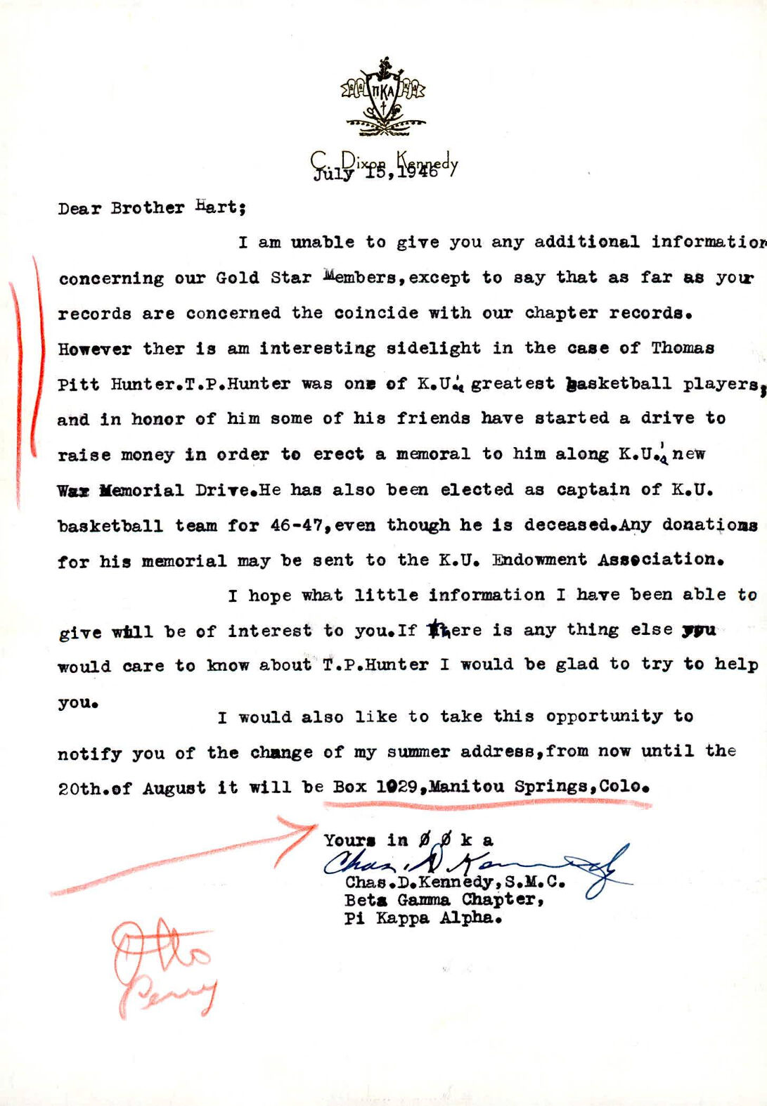 Letter from Beta Gamma Chapter President Charles D. Kennedy