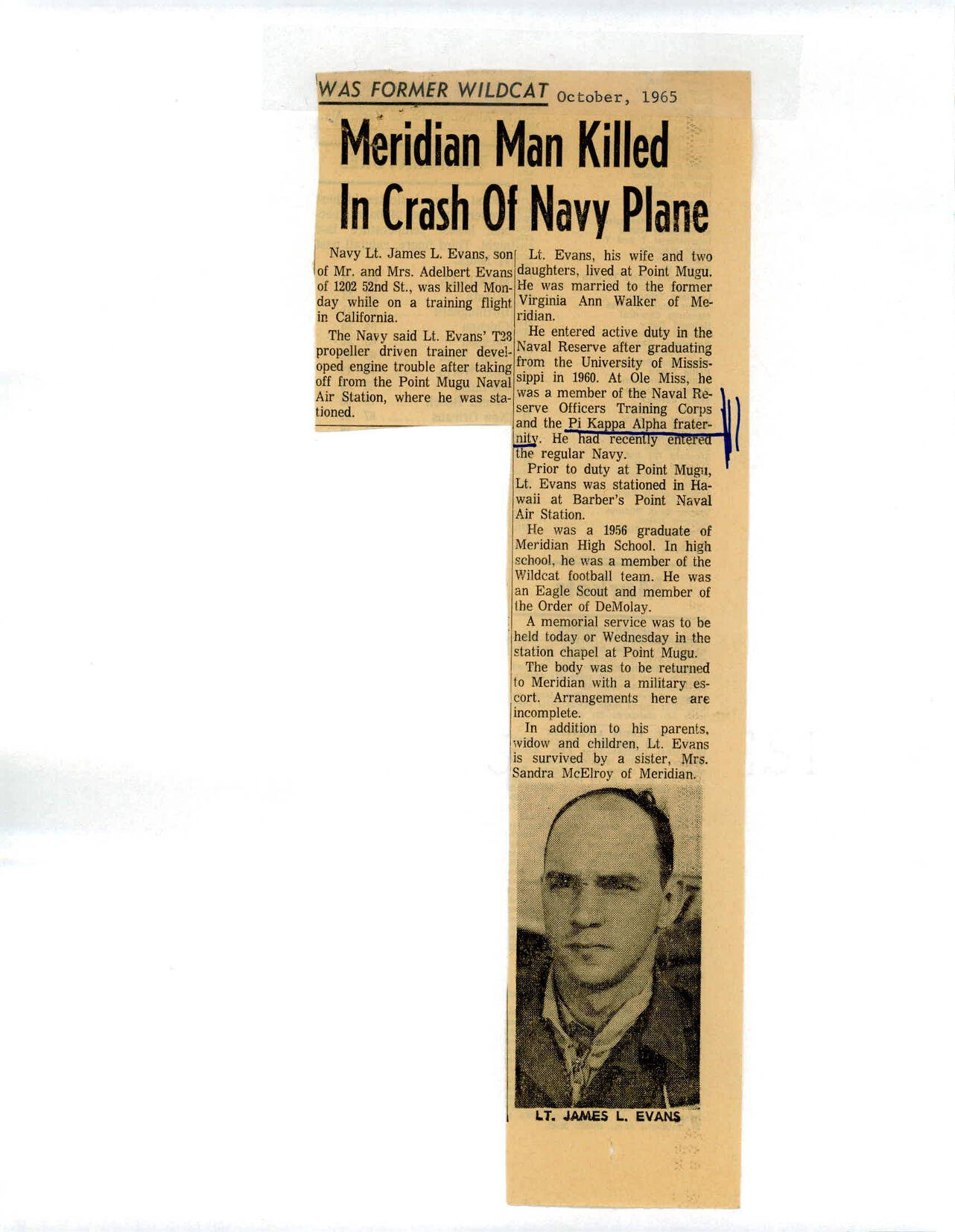 Meridian Man Killed in Crash of Navy Plane