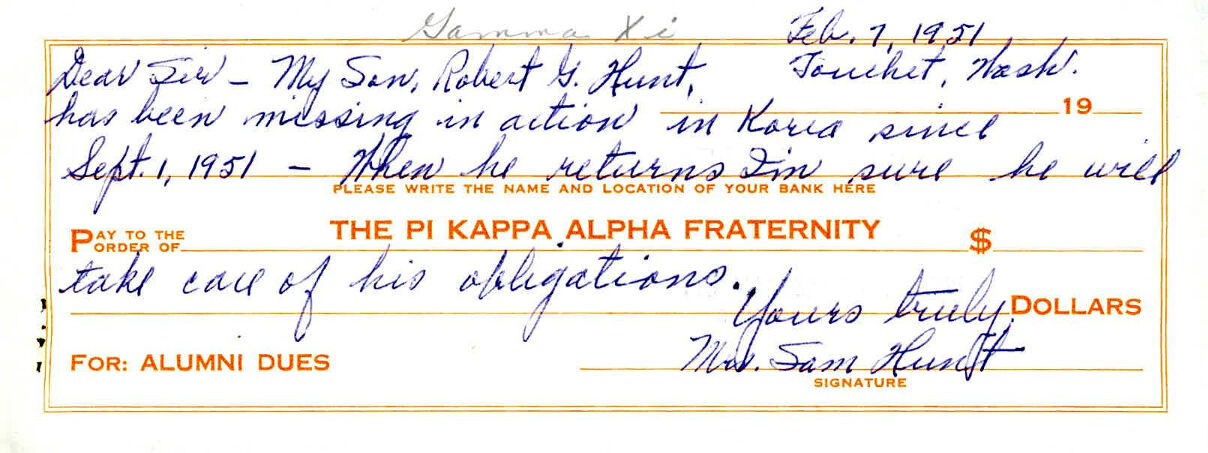 Note from Mrs. Sam Hunt, mother of Robert Griffith Hunt, 1951