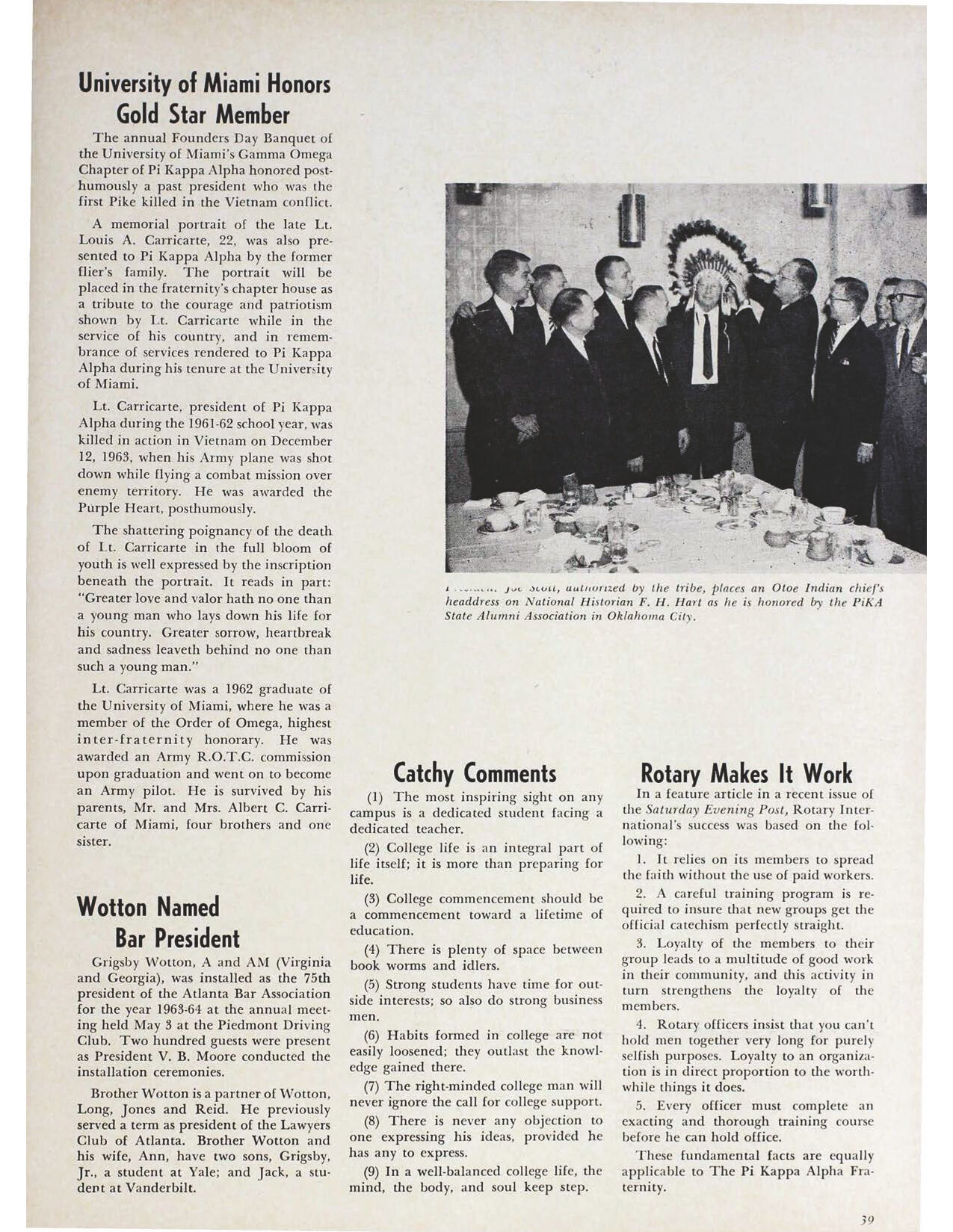 University of&nbsp; Miami Honors Gold Star Member, Shield &amp; Diamond, September 1964