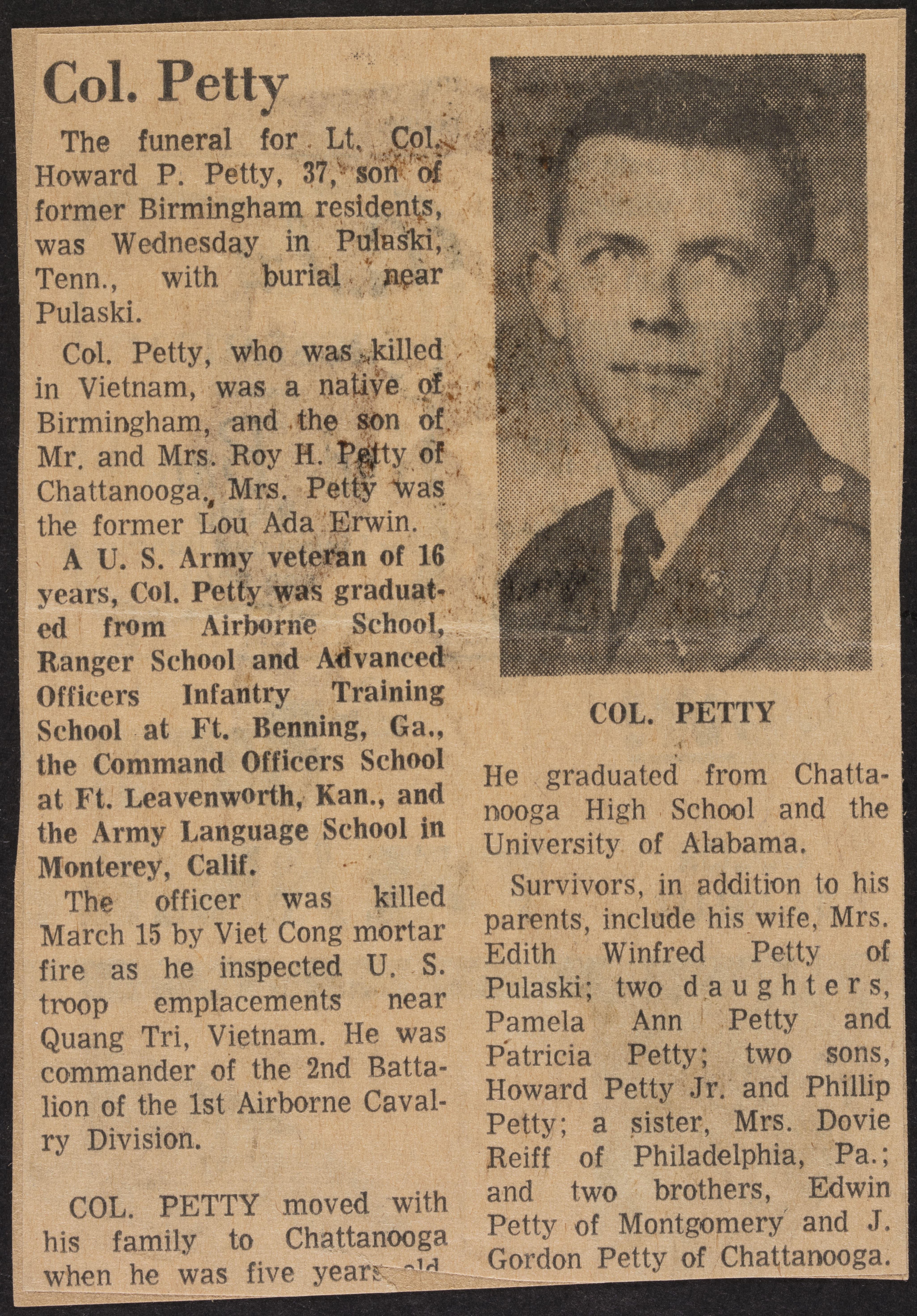 Col. Petty Newspaper Clipping