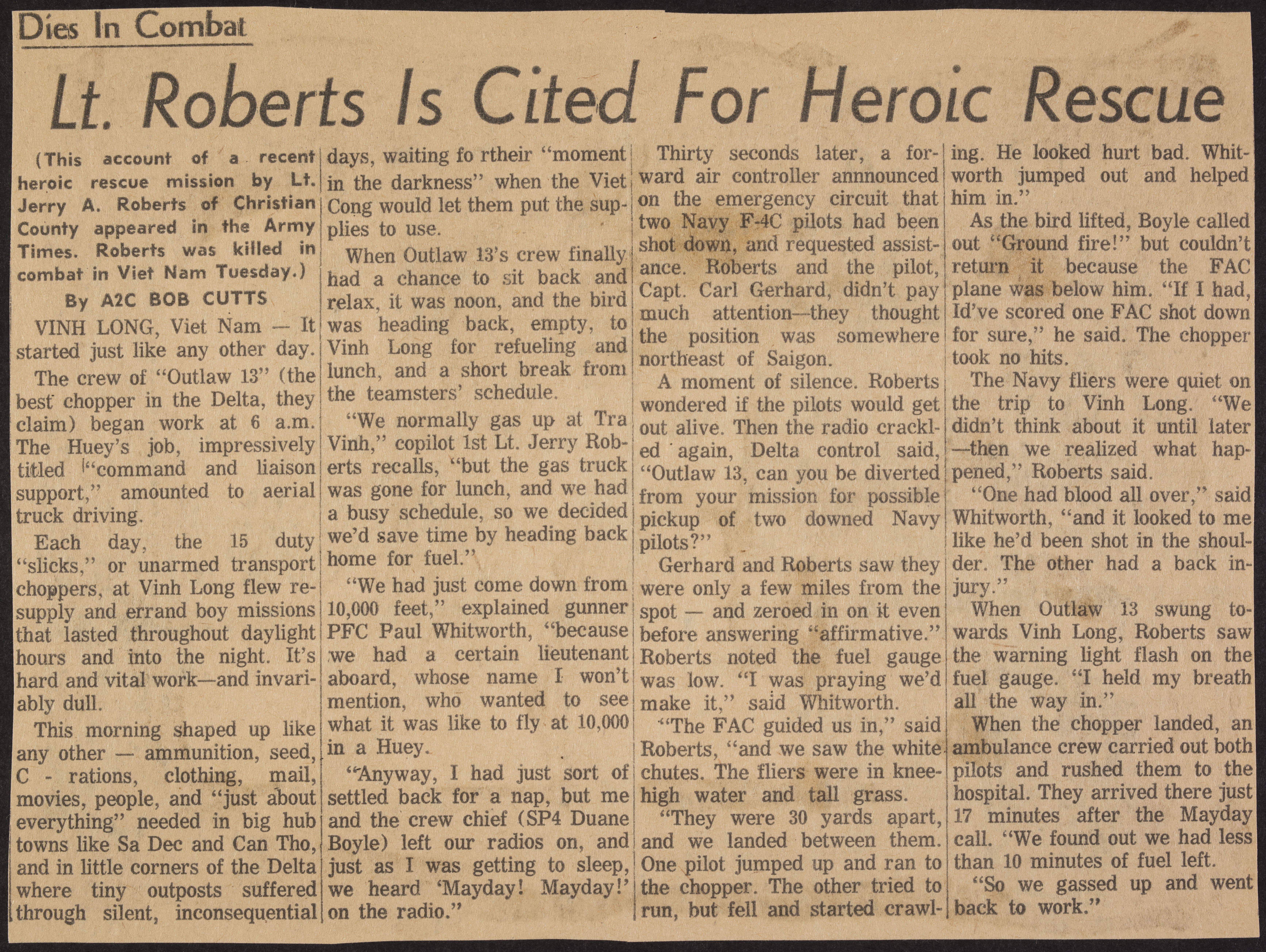 Lt. Roberts Is Cited for Heroic Rescue Newspaper Clipping, July 1966