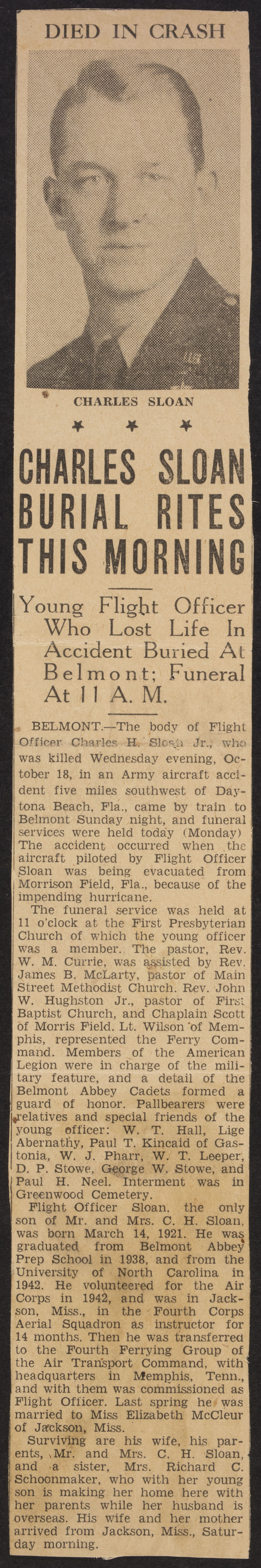 Charles Sloan Burial Rites This Morning Newspaper Clipping, October 1944