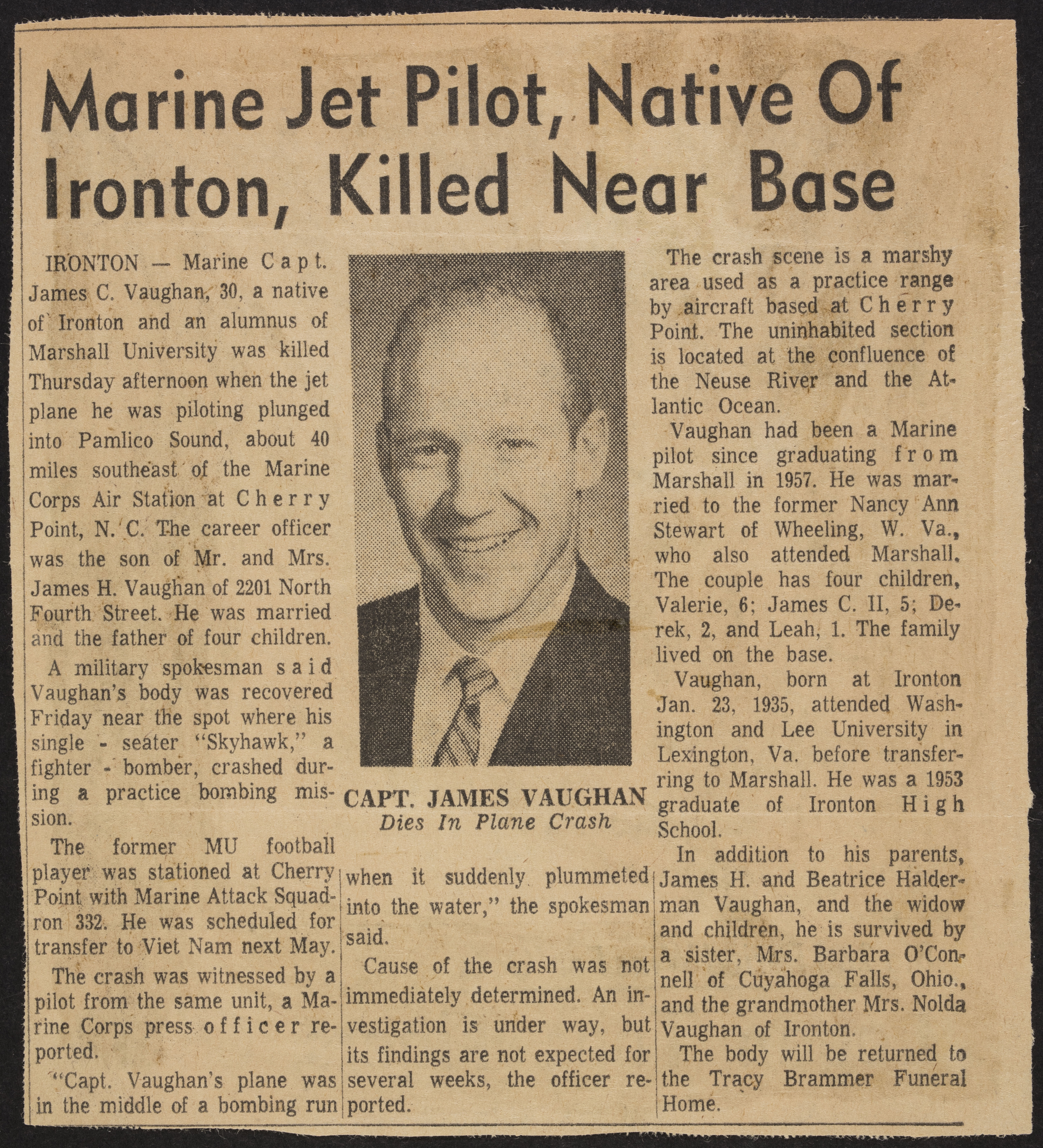 Marine Jet Pilot, Native of Ironton, Killed Near Base Newspaper Clipping