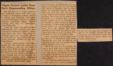 Vogels Receive Letter From Son's Commanding Officer Newspaper Clipping