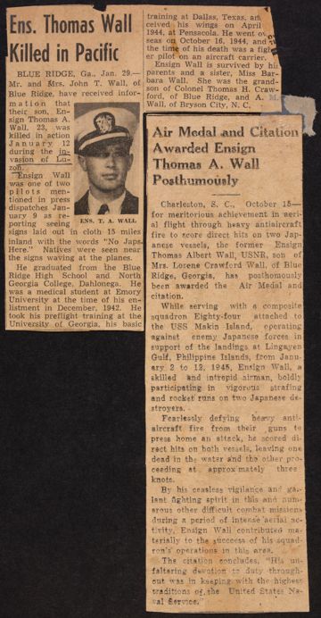 Air Medal and Citation Awarded Ensign Thomas A. Wall Posthumously Newspaper Clipping