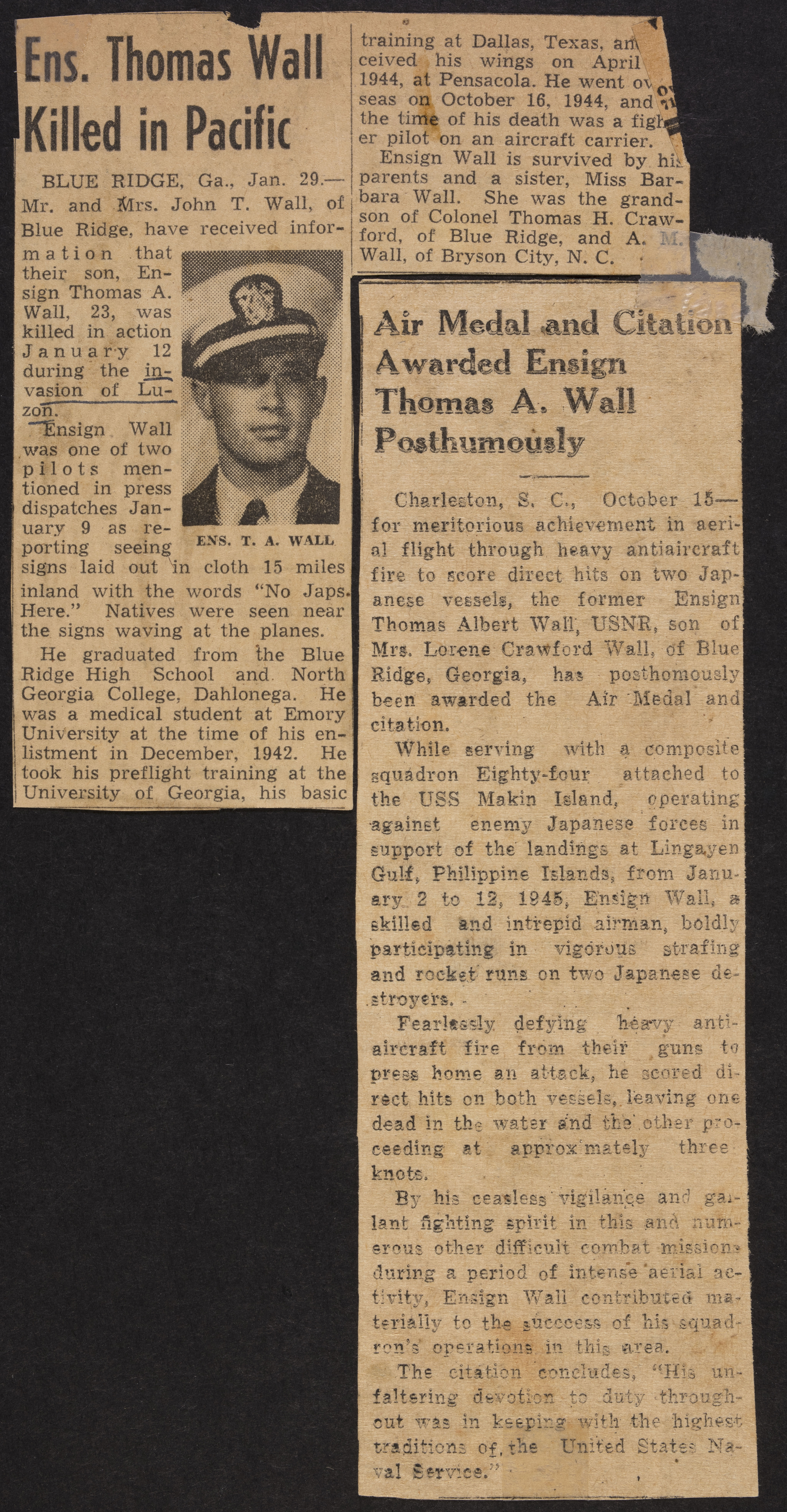 Ens Thomas Wall Killed in Pacific Newspaper Clipping