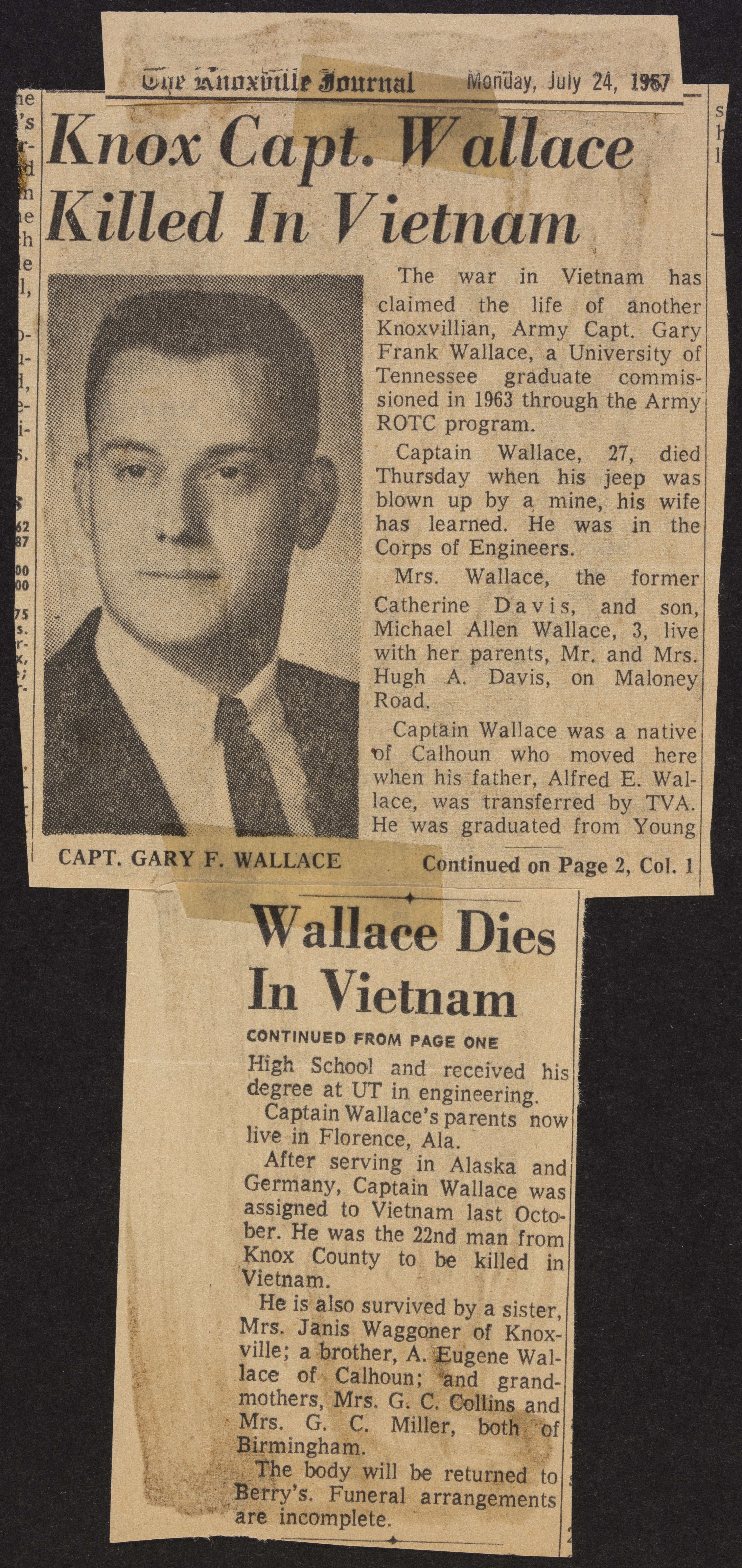 Knox Capt. Wallace Killed in Vietnam Newspaper Clipping, July 24, 1967