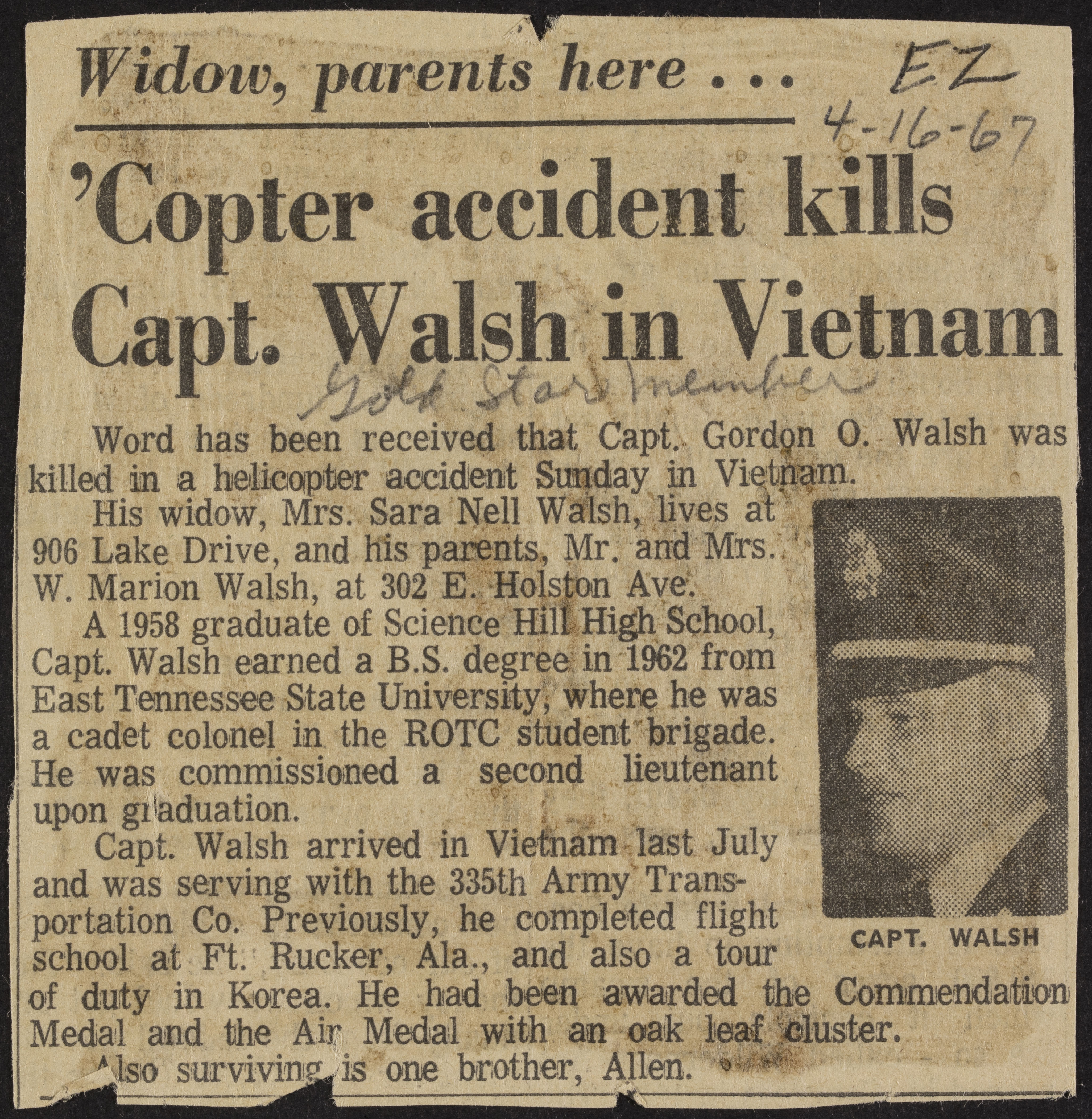 Copter Accident Kills Capt. Walsh in Vietnam Newspaper Clipping, April 16, 1967